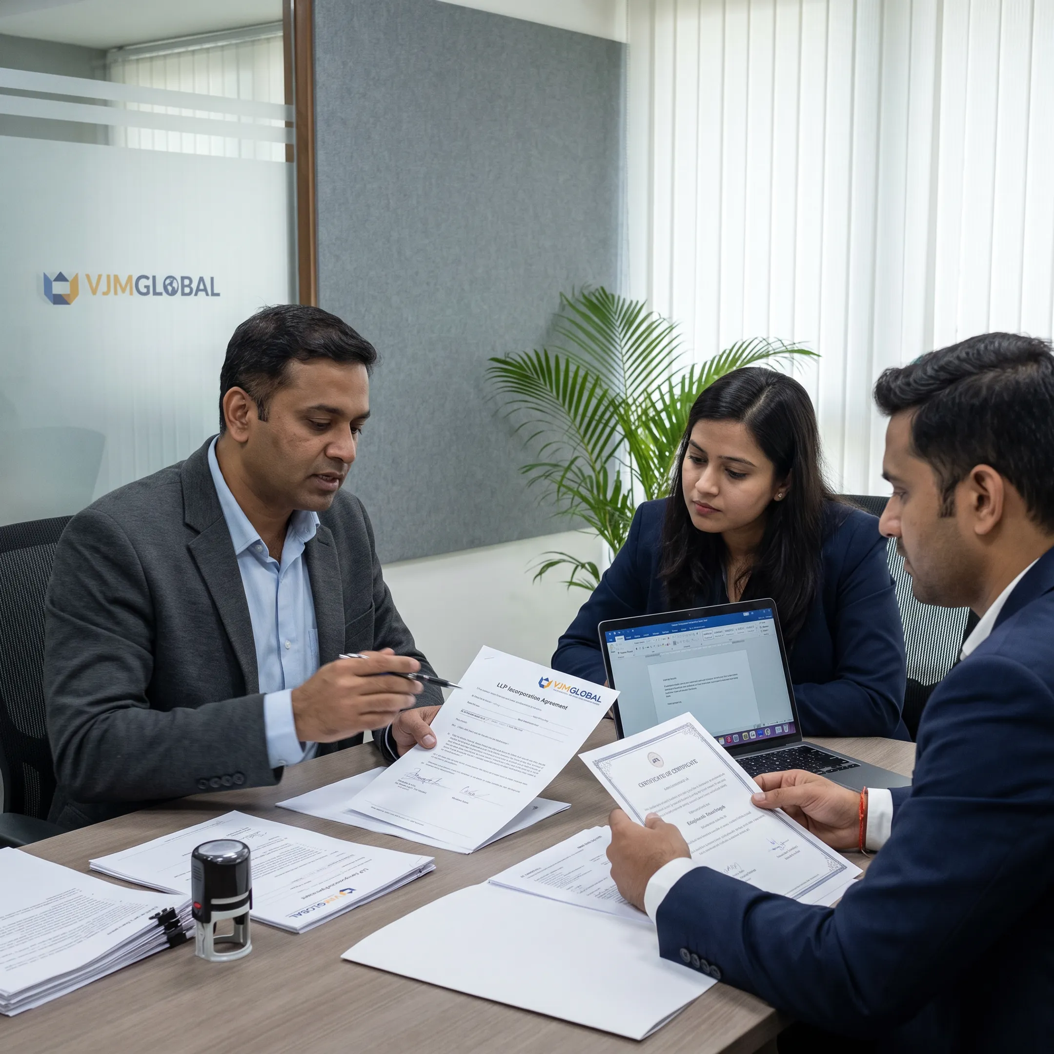 Business founders reviewing LLP registration documents