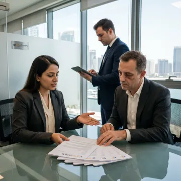 Business professionals reviewing Ras Al Khaimah offshore company documents