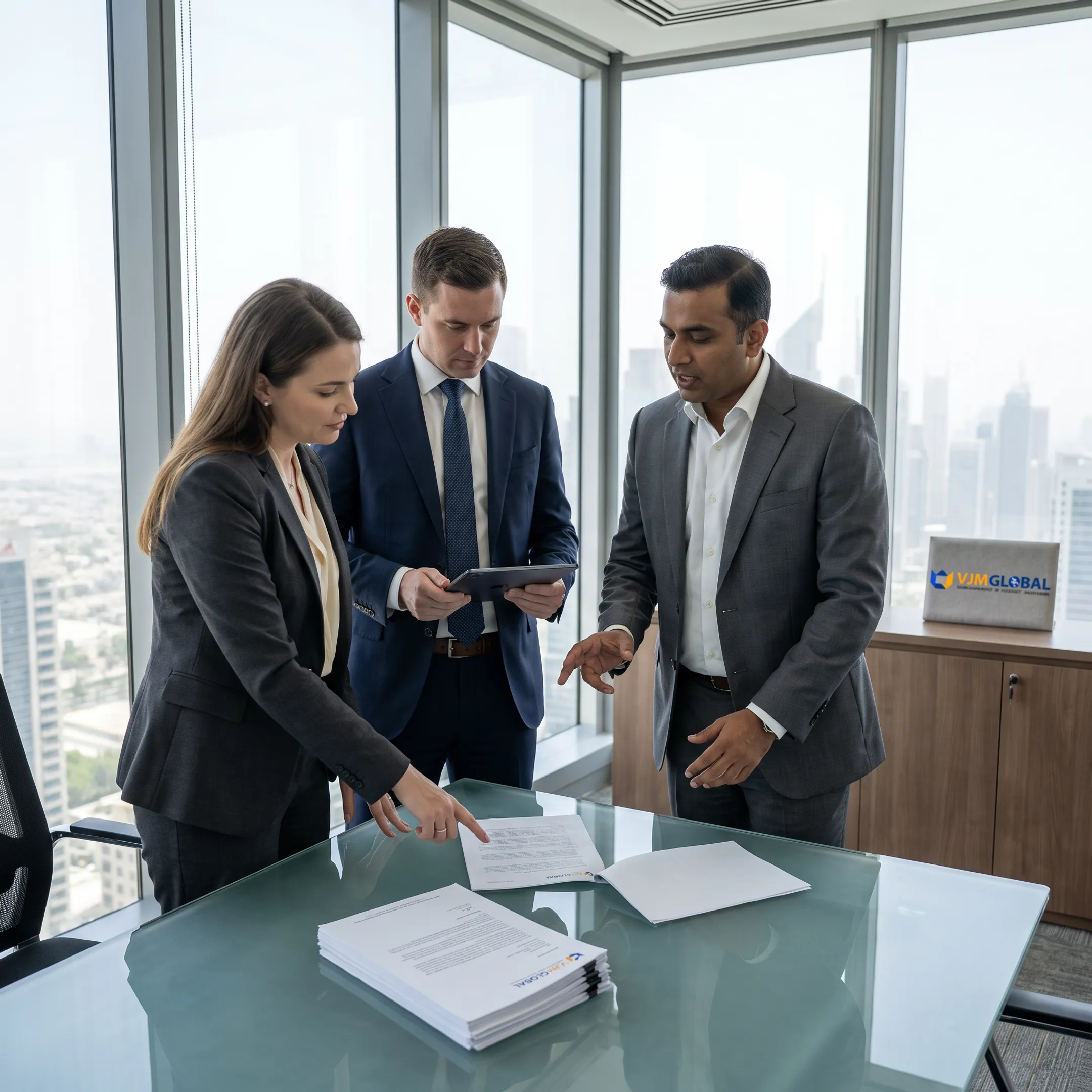 Business professionals reviewing UAE Free Zone setup documents