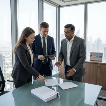 Business professionals reviewing UAE Free Zone setup documents