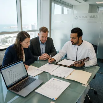 Business professionals reviewing UAE company registration documents