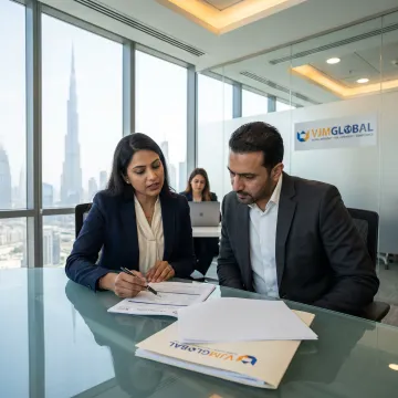 Business professionals reviewing UAE company registration documents