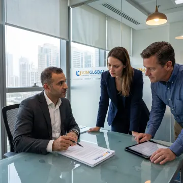 Business professionals reviewing UAE Free Zone company formation documents