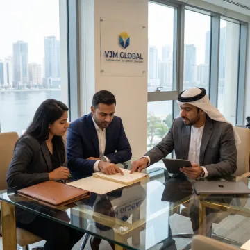 Business founders reviewing UAE Free Zone company documents