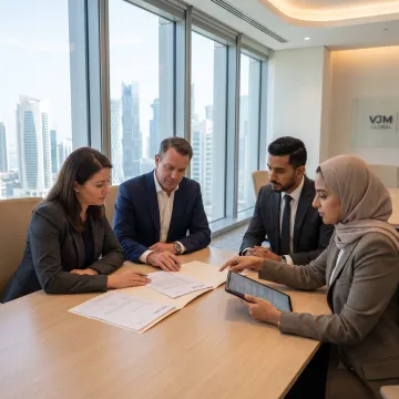 Business professionals reviewing Qatar free zone company formation documents