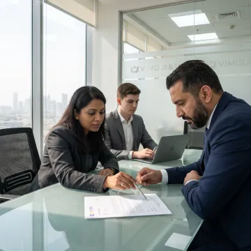Business professionals reviewing offshore registration documents