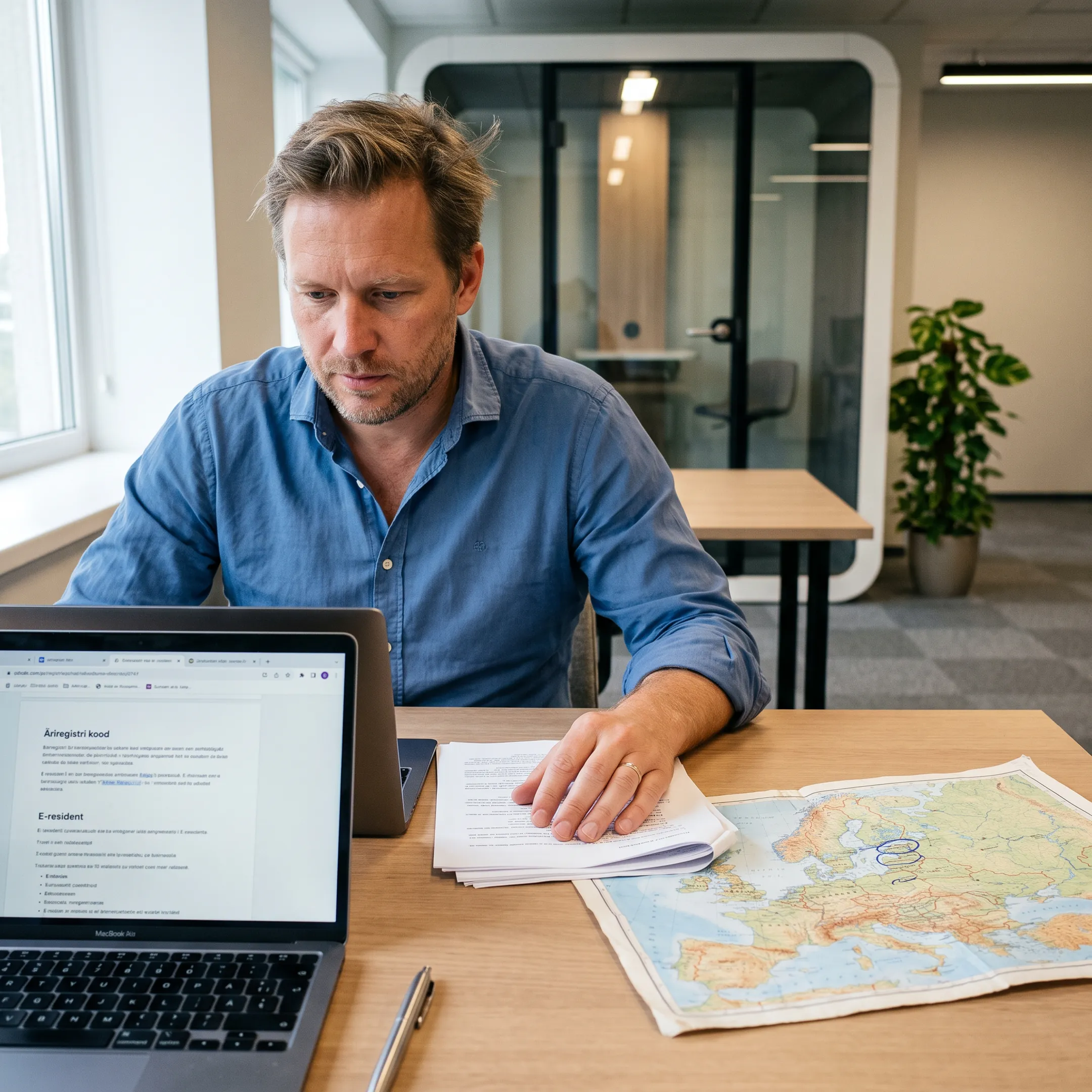 Australian business owner reviewing Estonian company formation documents