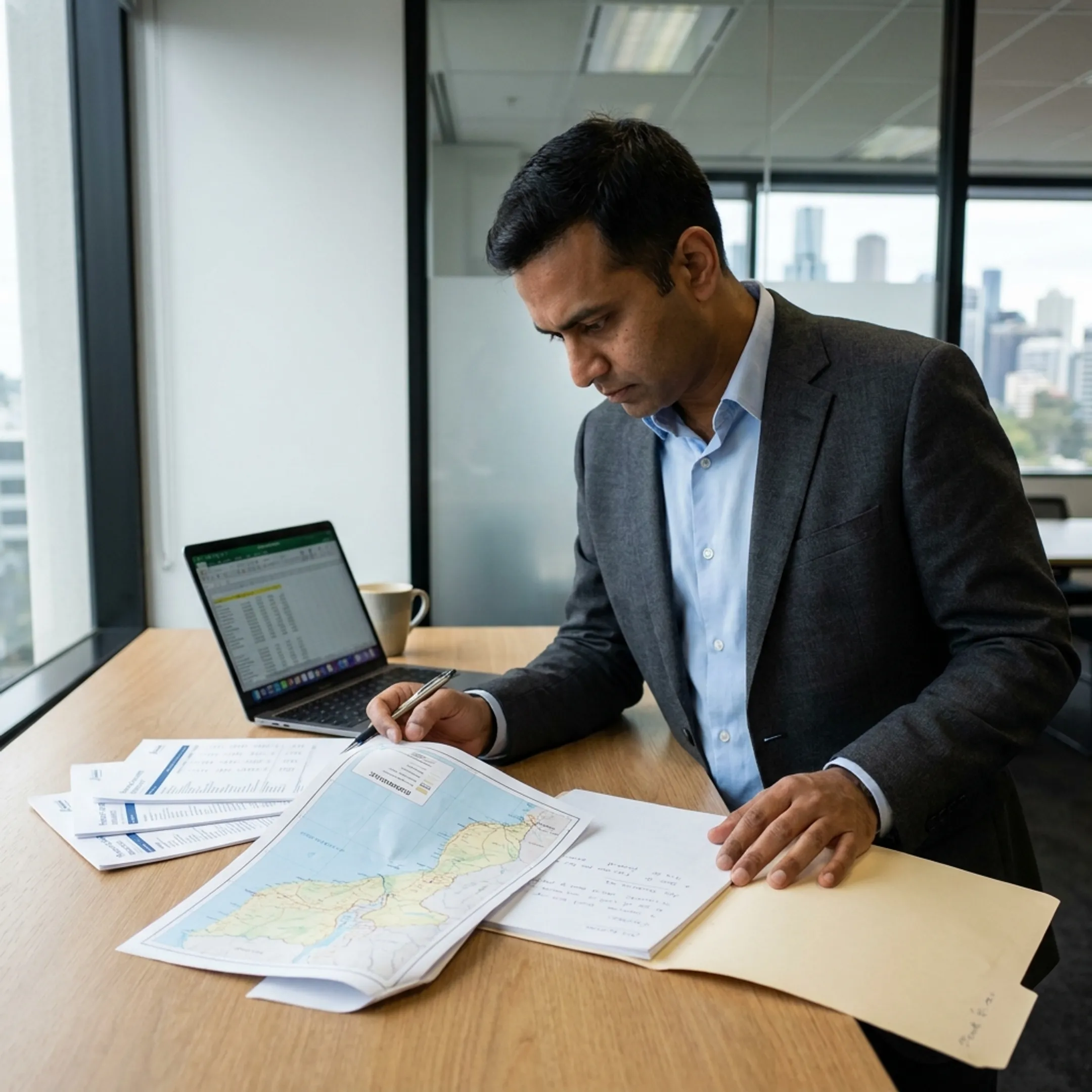 Indian entrepreneur reviewing Mozambique business setup documents with an advisor