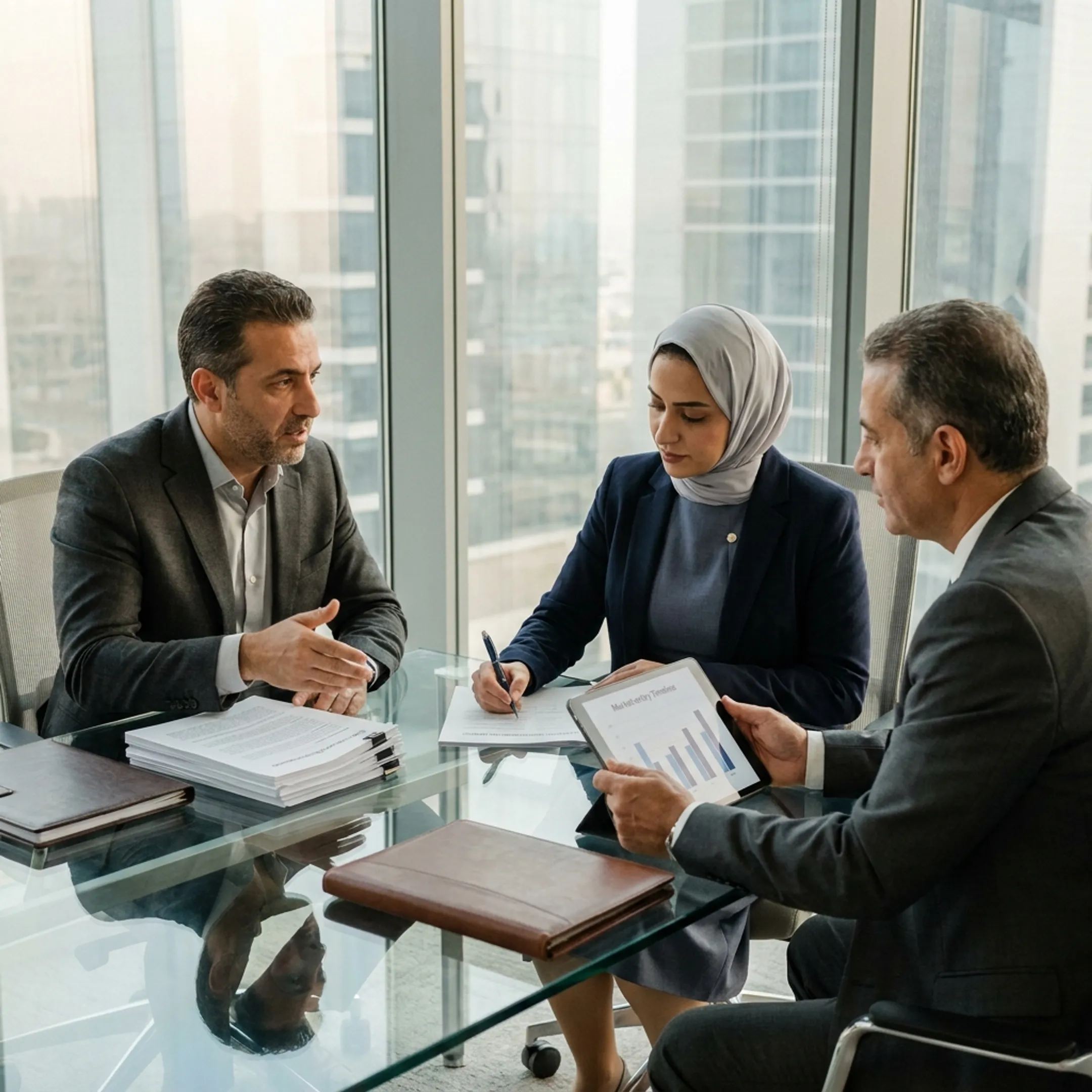 Corporate executives discussing cross-border business setup between the UAE and Saudi Arabia