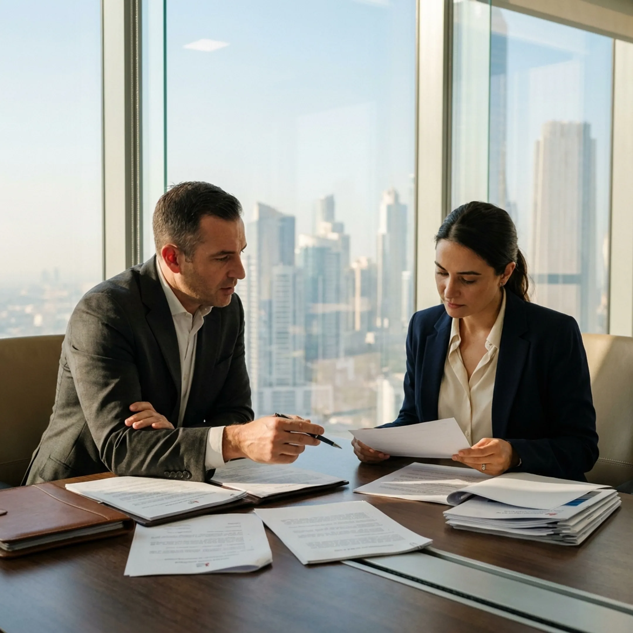 Business setup consultants discussing UAE expansion with UK executives in Abu Dhabi