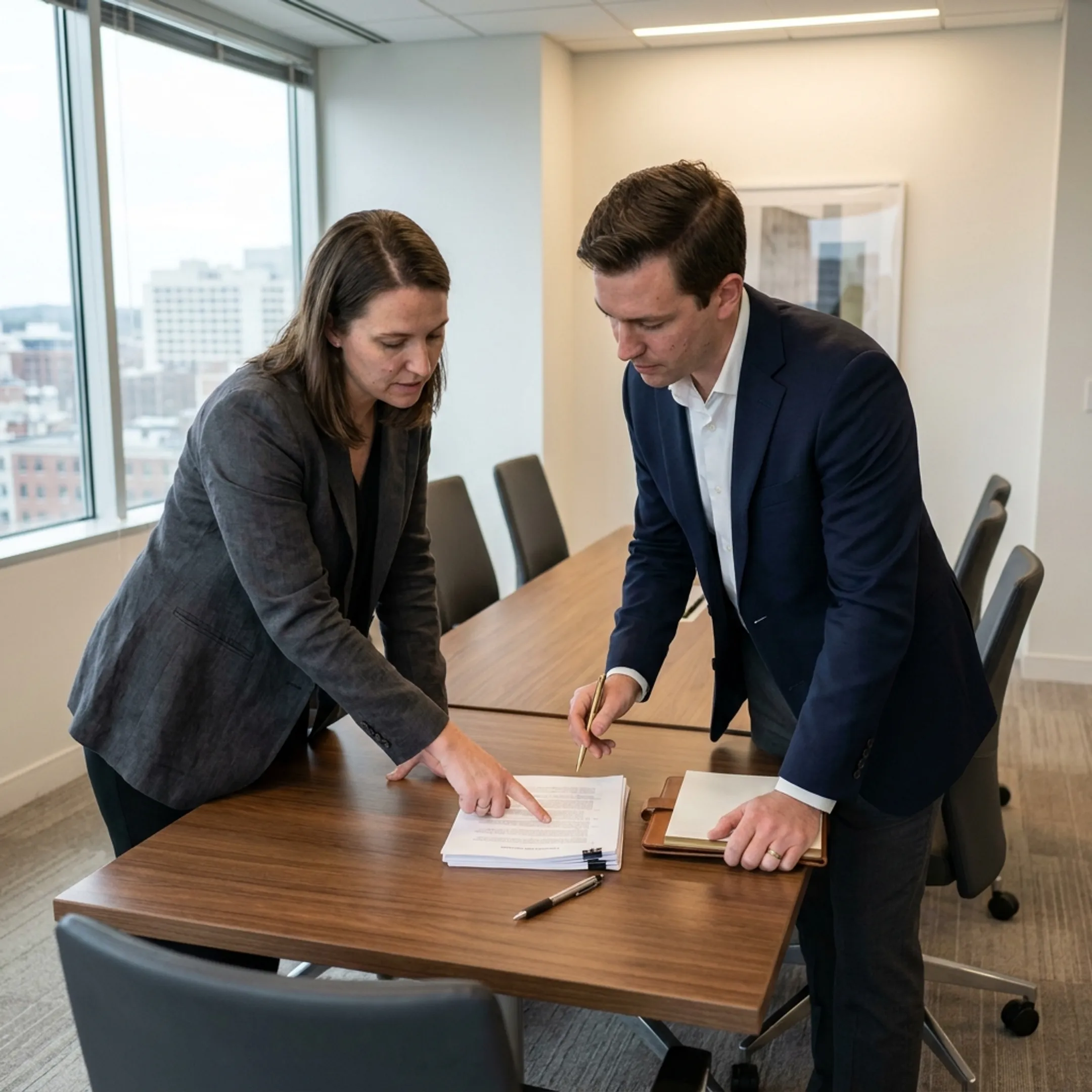 Business entrepreneurs reviewing Rhode Island corporate formation documents in Providence