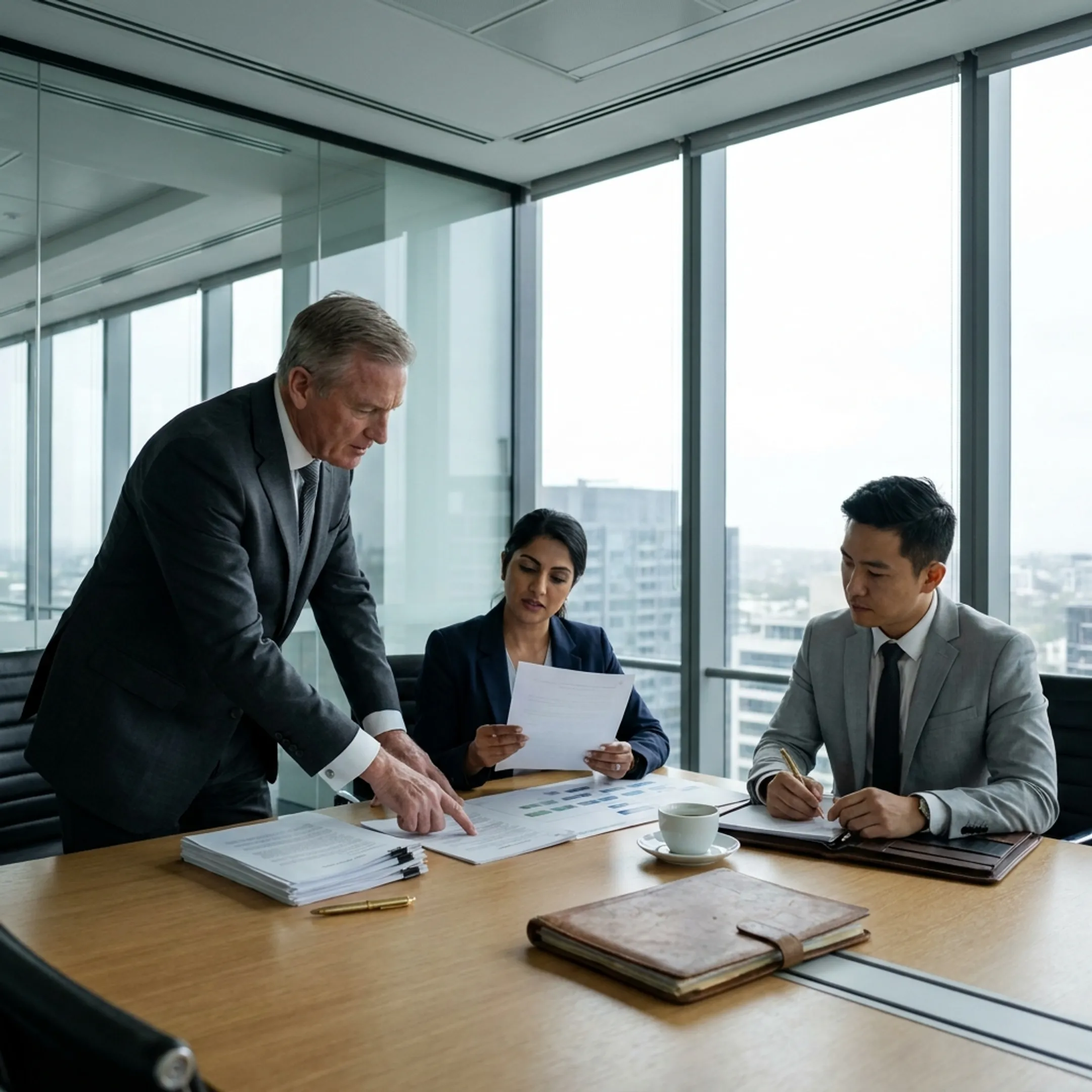 Corporate executives reviewing Indian subsidiary incorporation documents