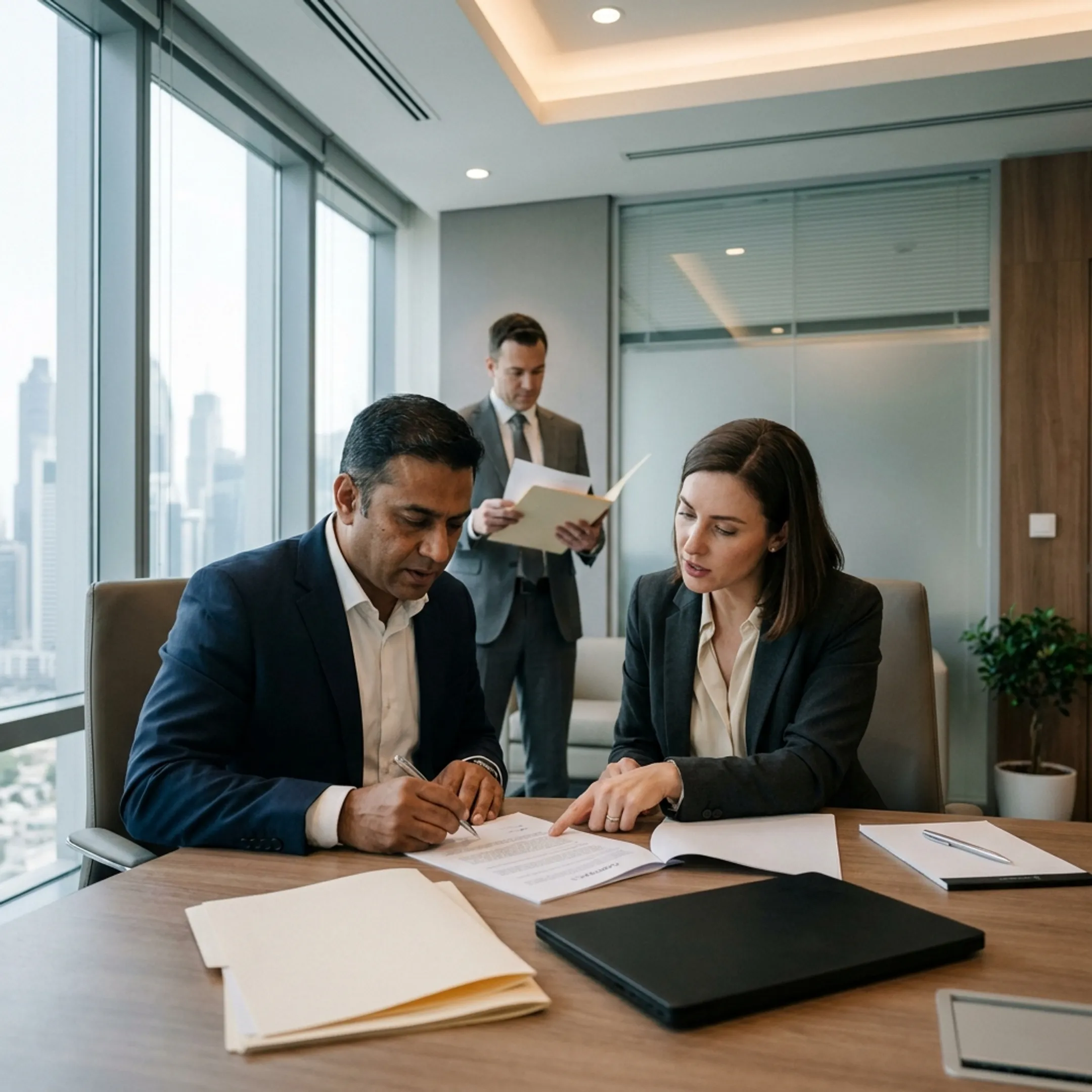Business executives reviewing corporate registration documents in an office