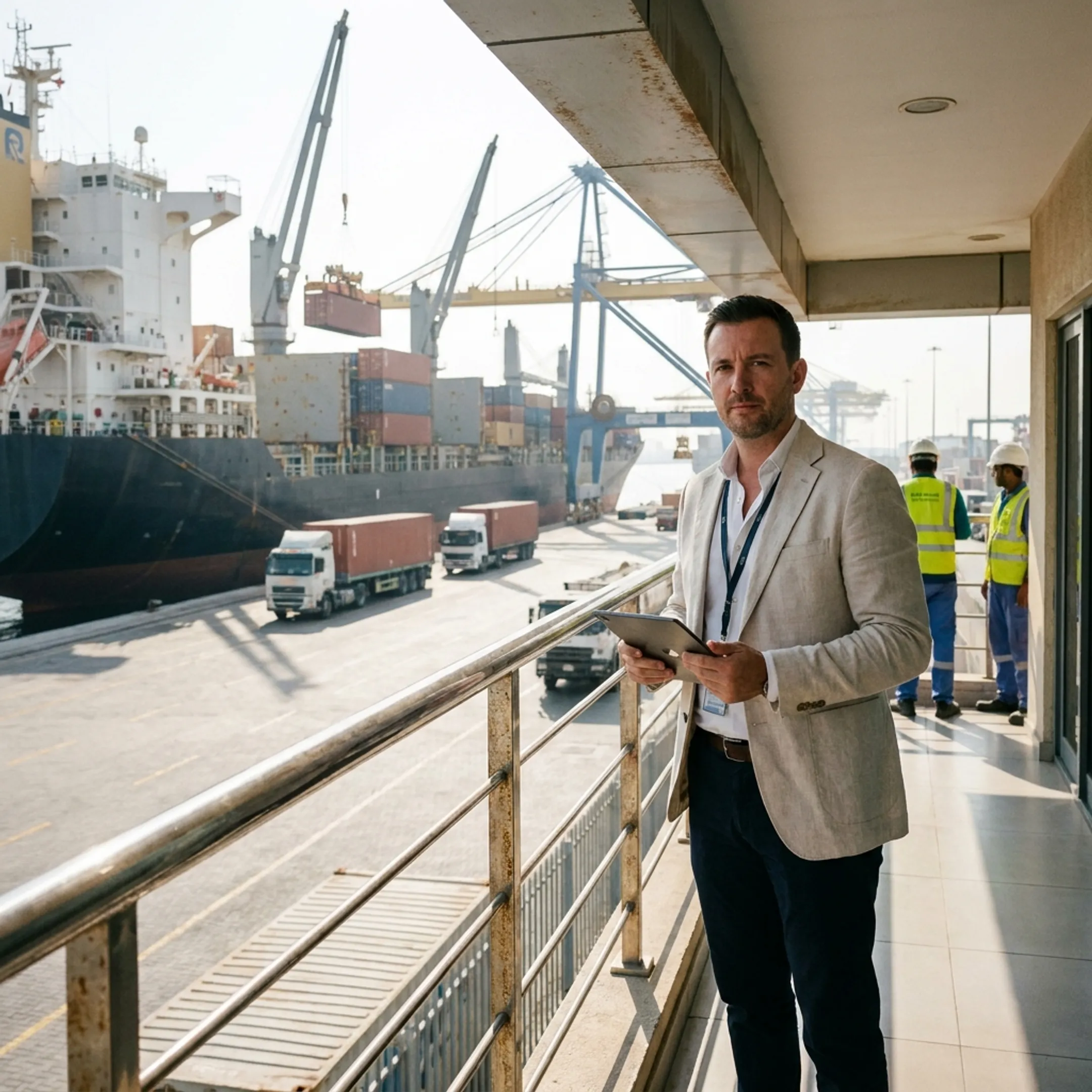 Commercial container ship berthed at Jebel Ali Port in Dubai receiving maritime supplies