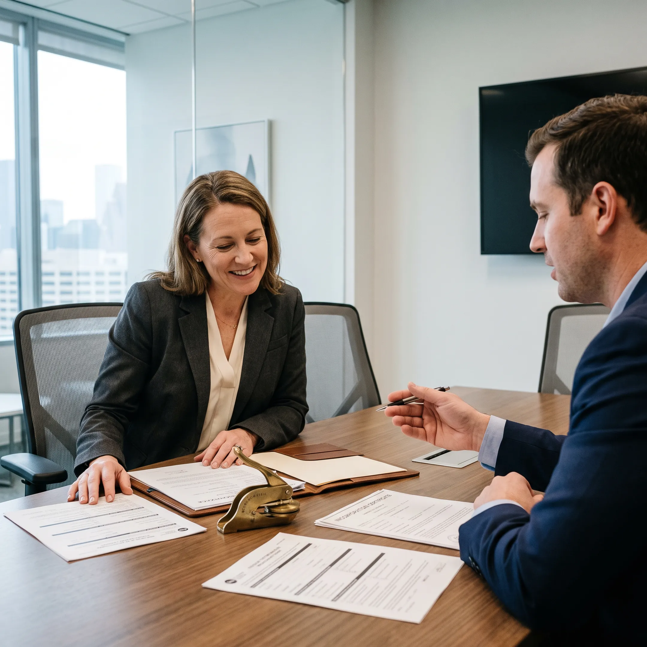 Houston business professionals reviewing corporate formation documents in an office setting
