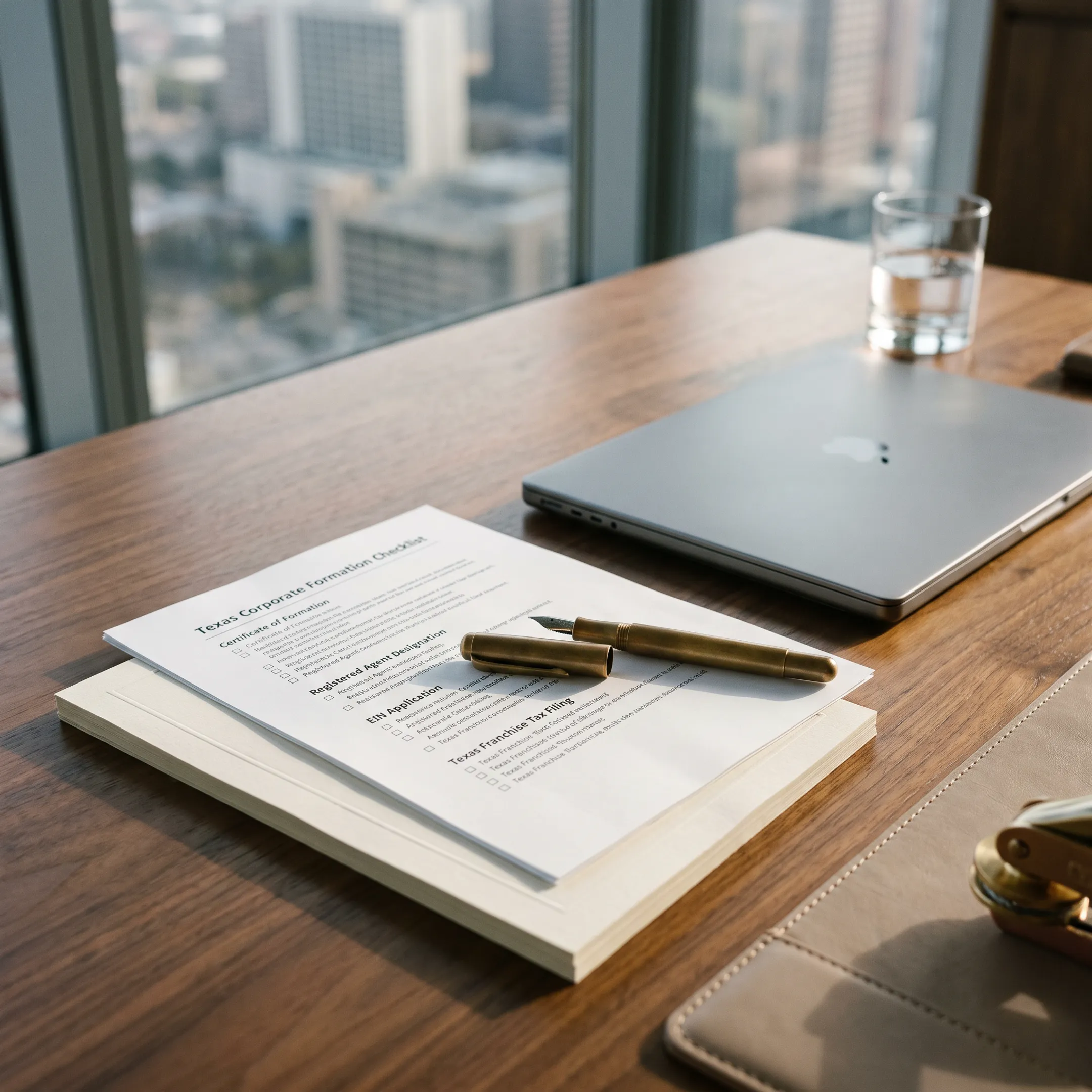 Business formation process checklist and corporate documentation on office desk