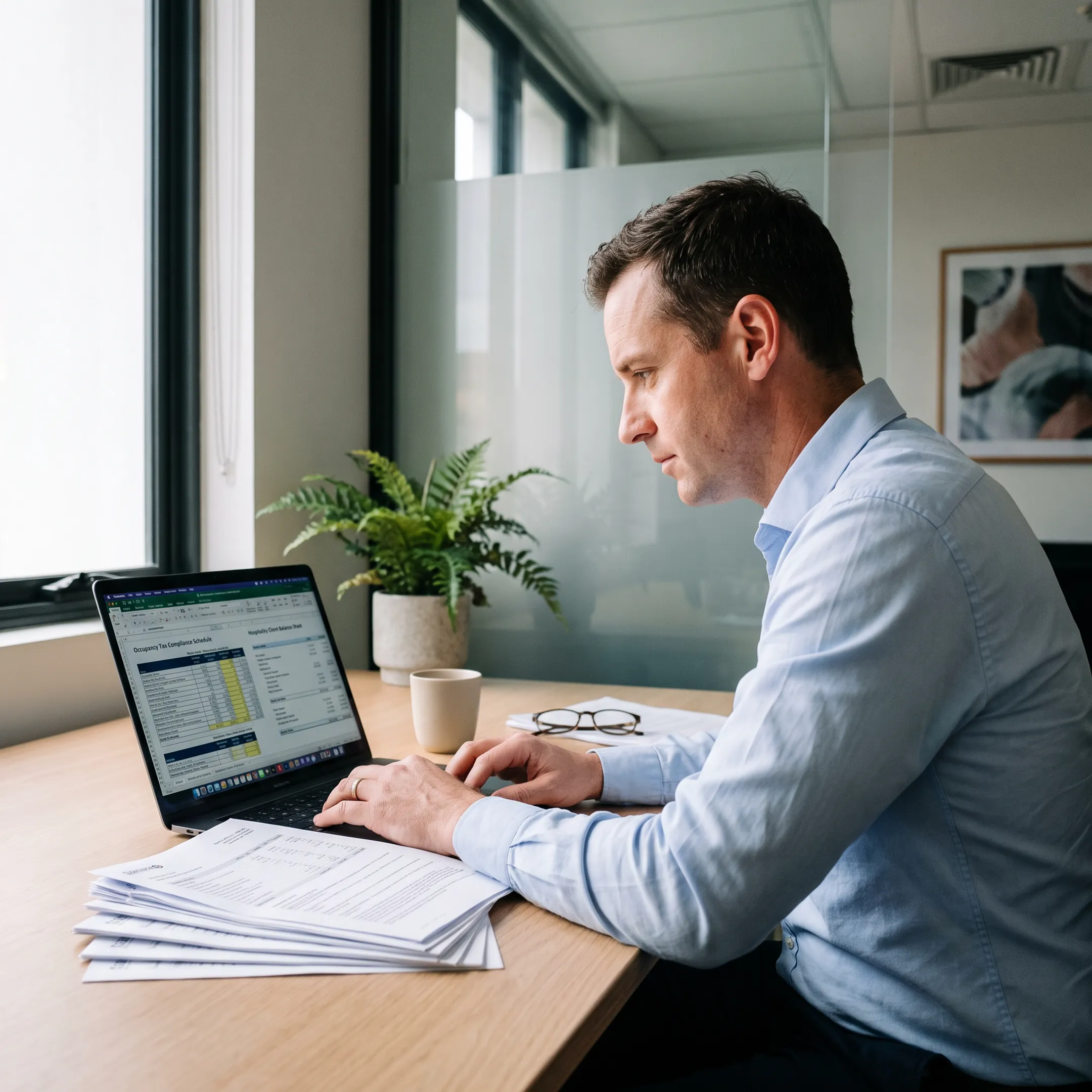 Tax advisor reviewing US hotel operational metrics and state lodging tax returns on a laptop.