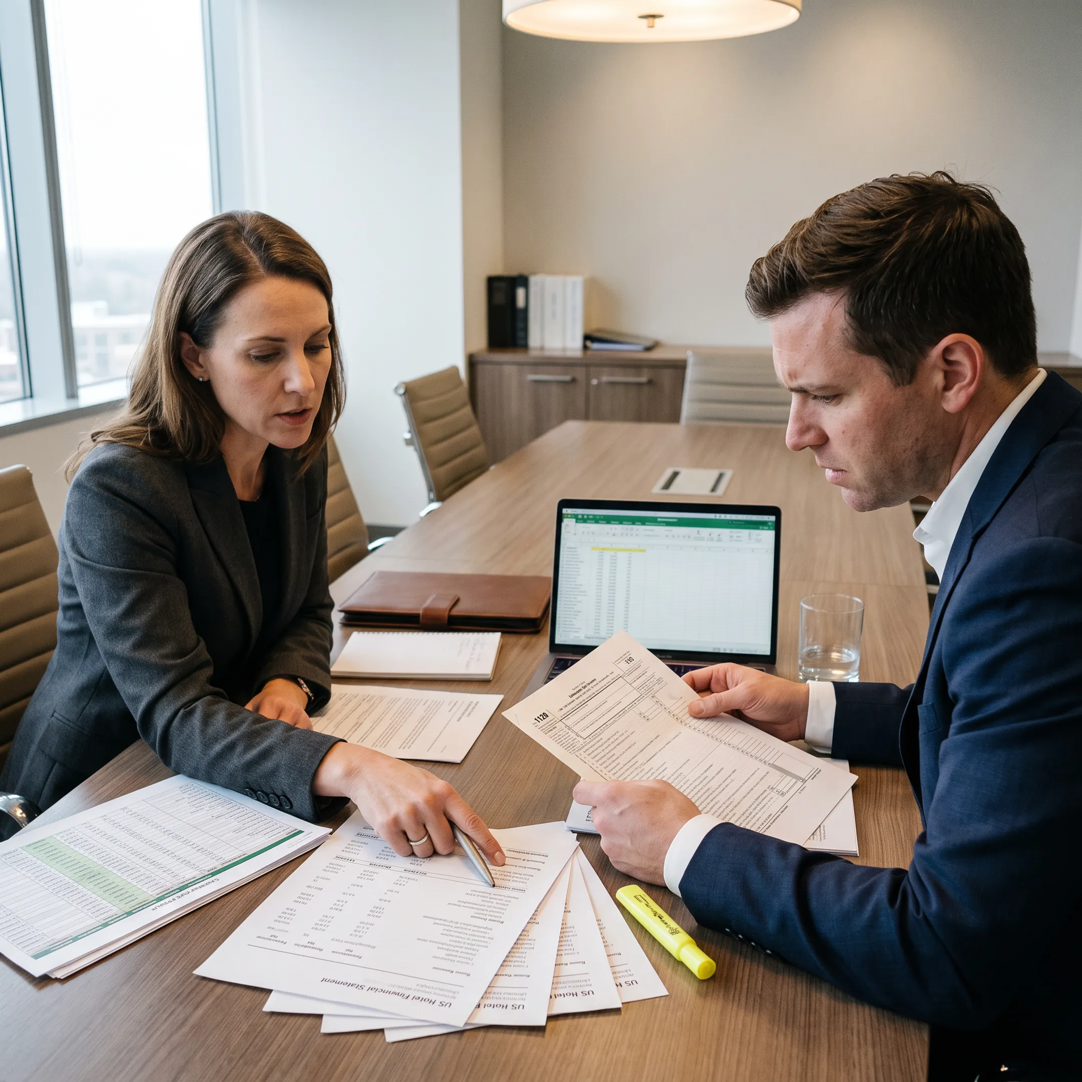 Hospitality business consultants reviewing US hotel financial statements and lodging tax documentation in a modern conference room.