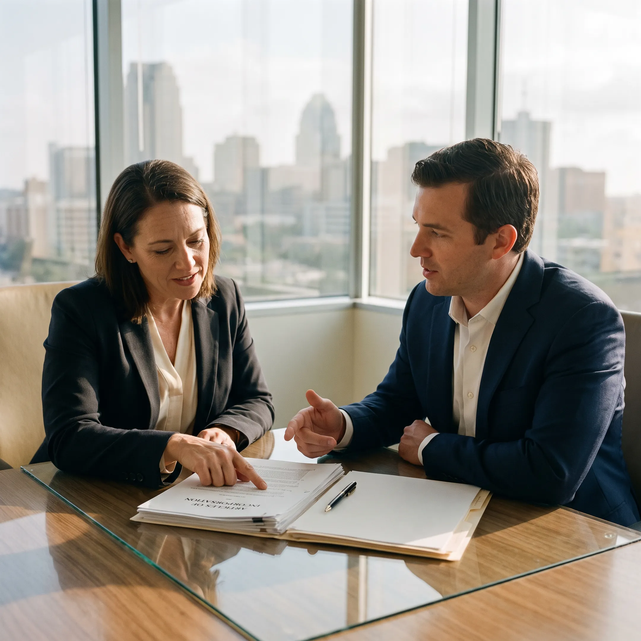 Business professionals discussing corporate formation in San Antonio Texas