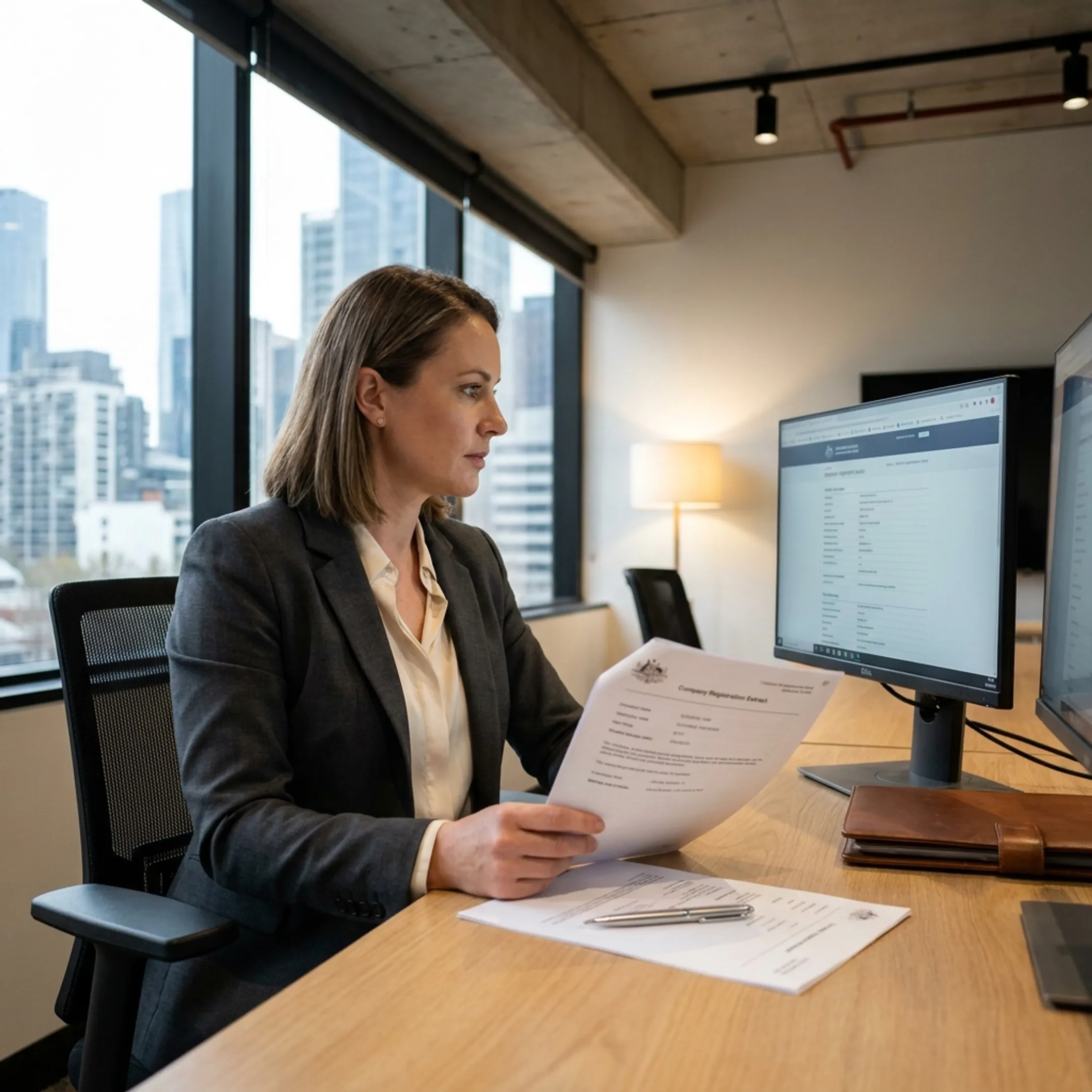 Consultant checking company registration details against an official registry record