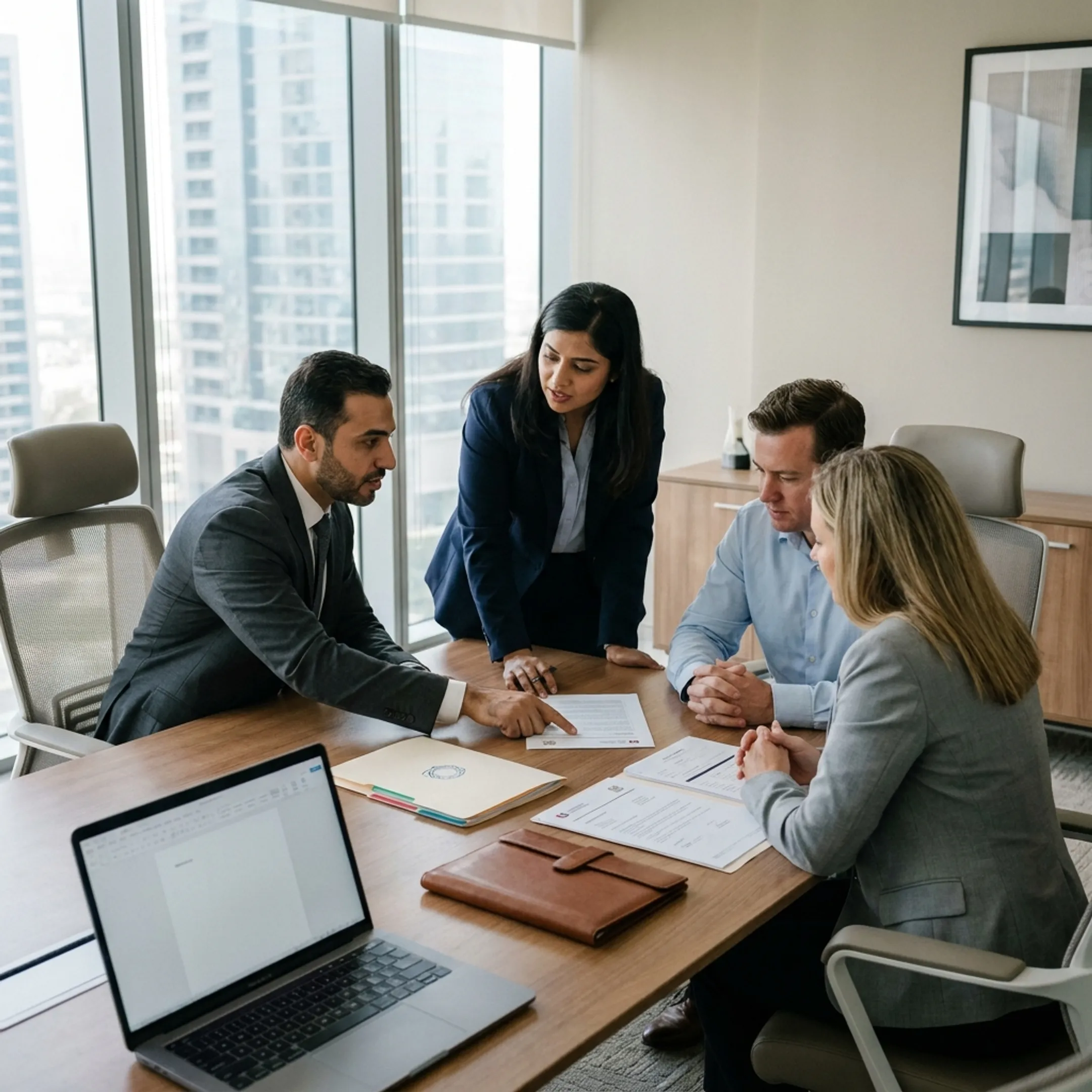Consultant discussing Abu Dhabi LLC formation documents with US business owners