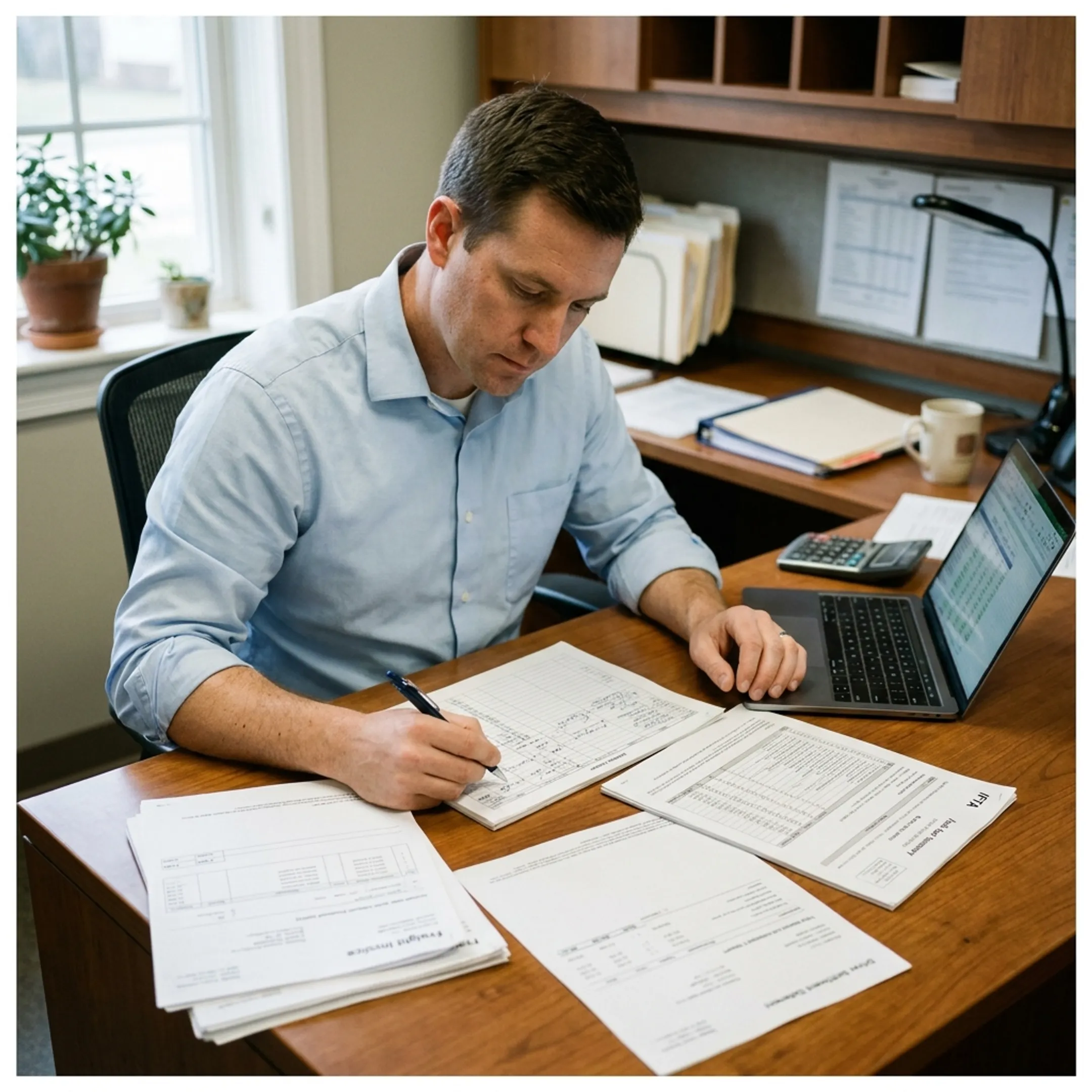 Tax professional preparing financial reports for a US trucking business