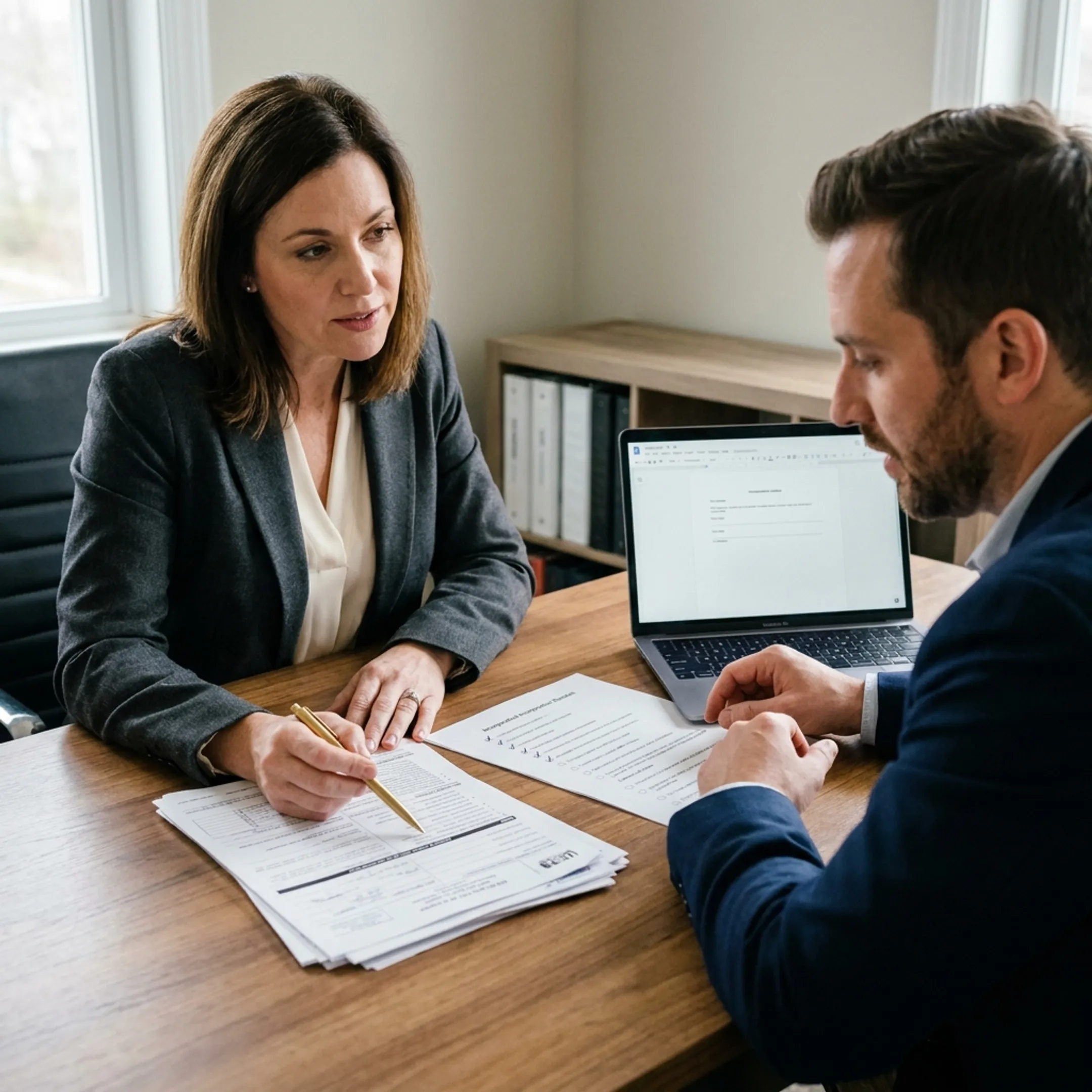 Advisor reviewing US business registration forms with a client