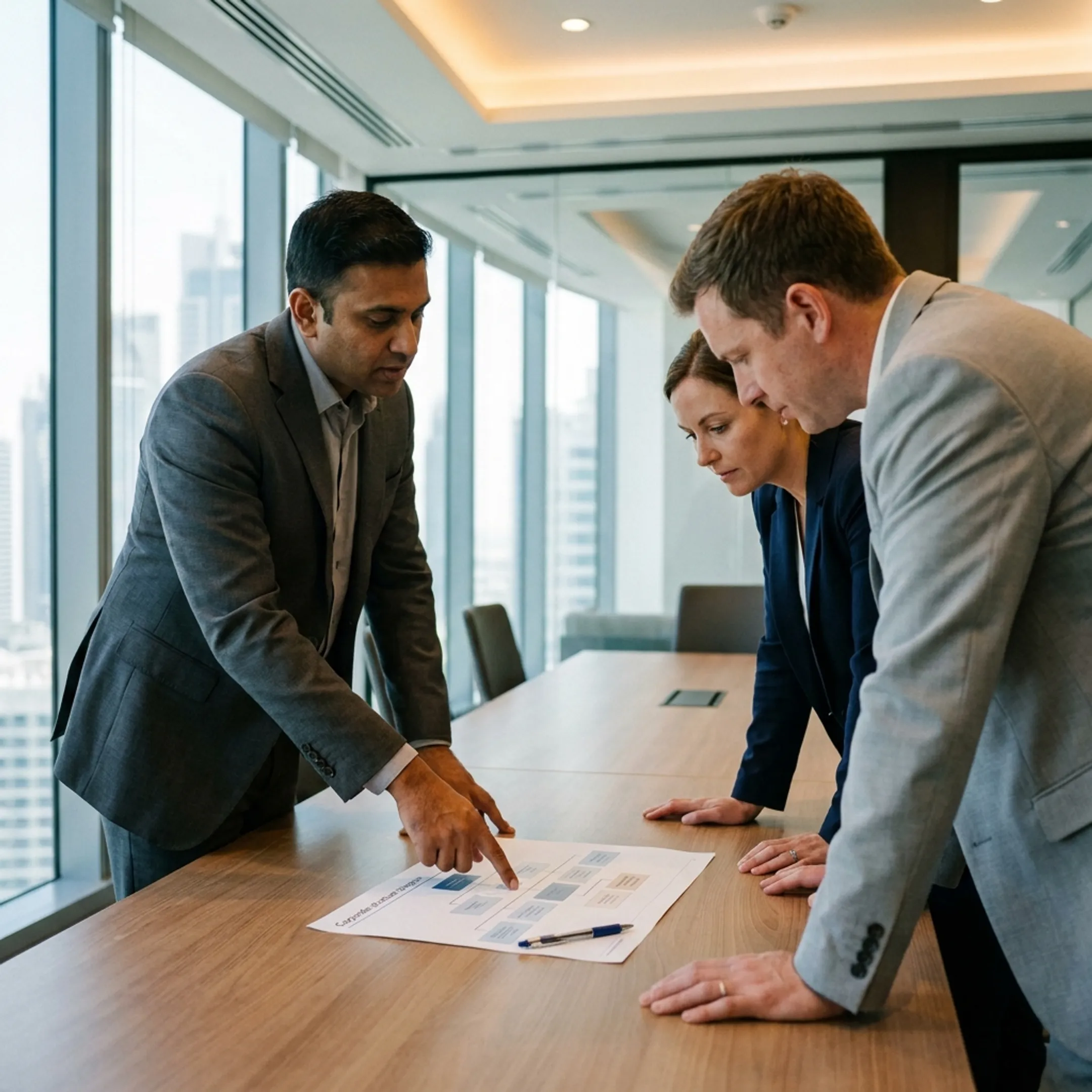 Consultant explaining UAE offshore company structure to UK business representatives