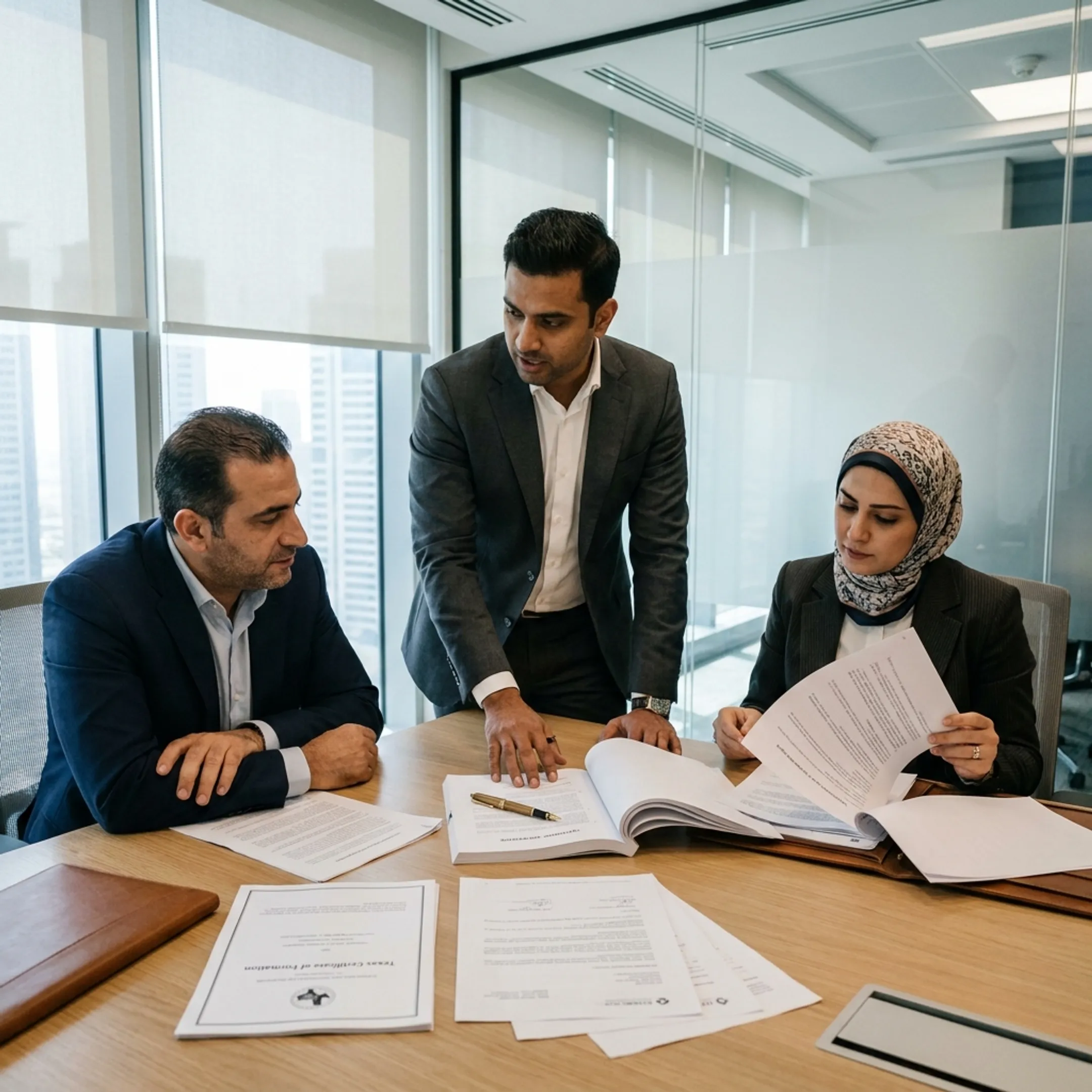 Advisor explaining Texas LLC formation steps to UAE business owners