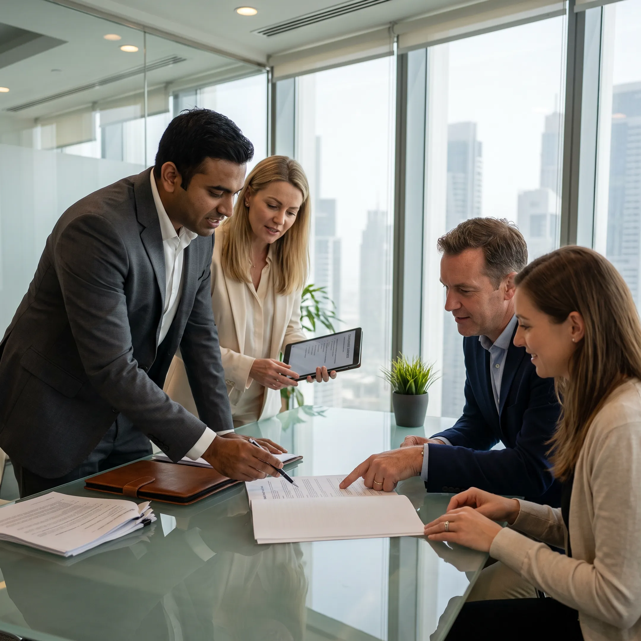 Advisers discussing Dubai offshore company formation documents with UK business owners