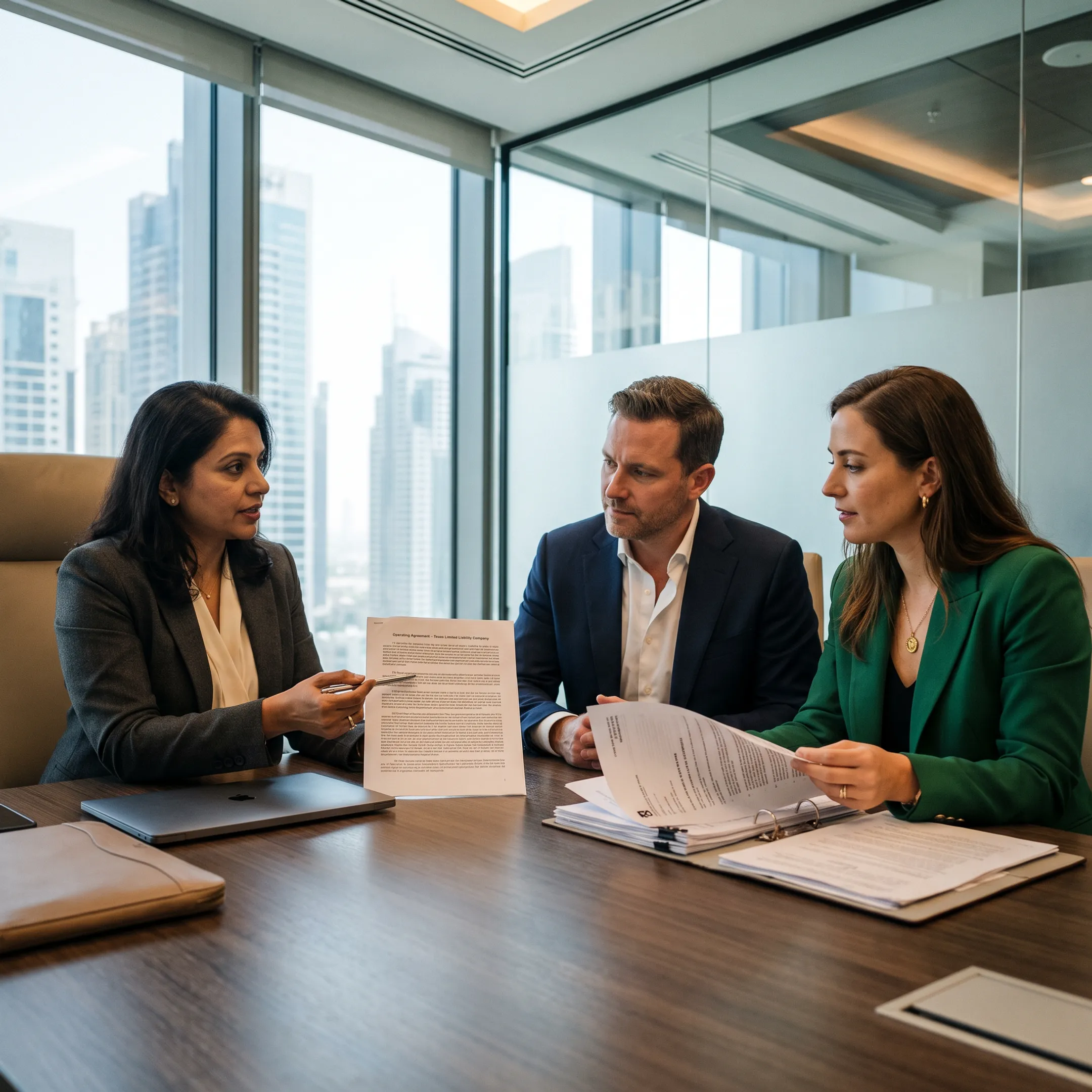 Business advisors reviewing Texas LLC formation documents with UAE business owners