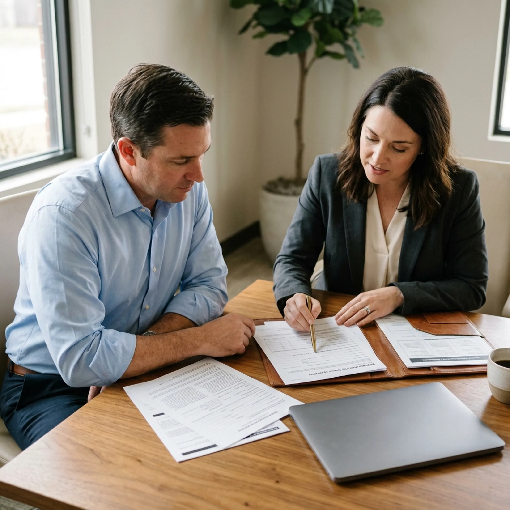 Business owner reviewing Texas business checking account documents with financial advisor