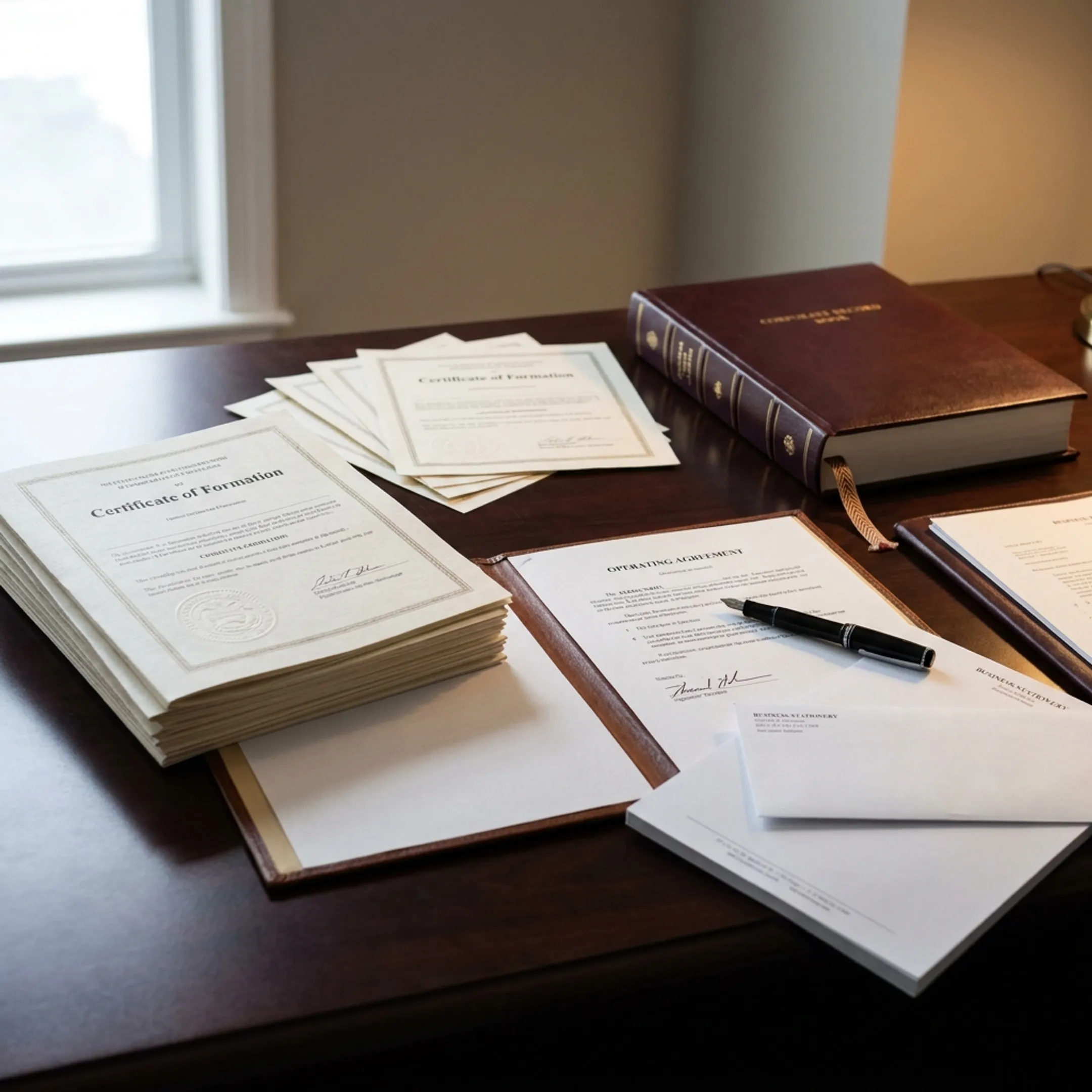Organized LLC formation documents and corporate records arranged on a professional desk