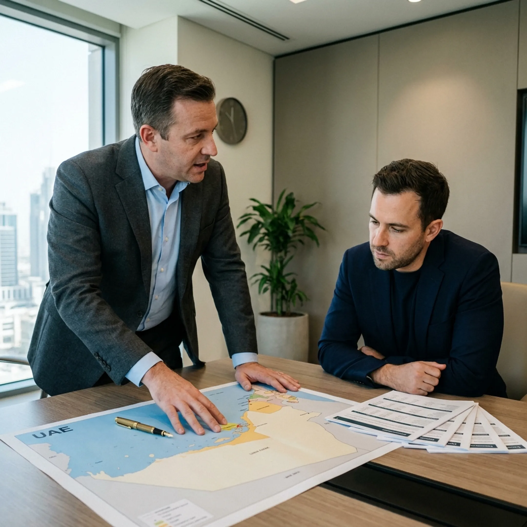 Advisor explaining UAE business formation options to a USA-based founder