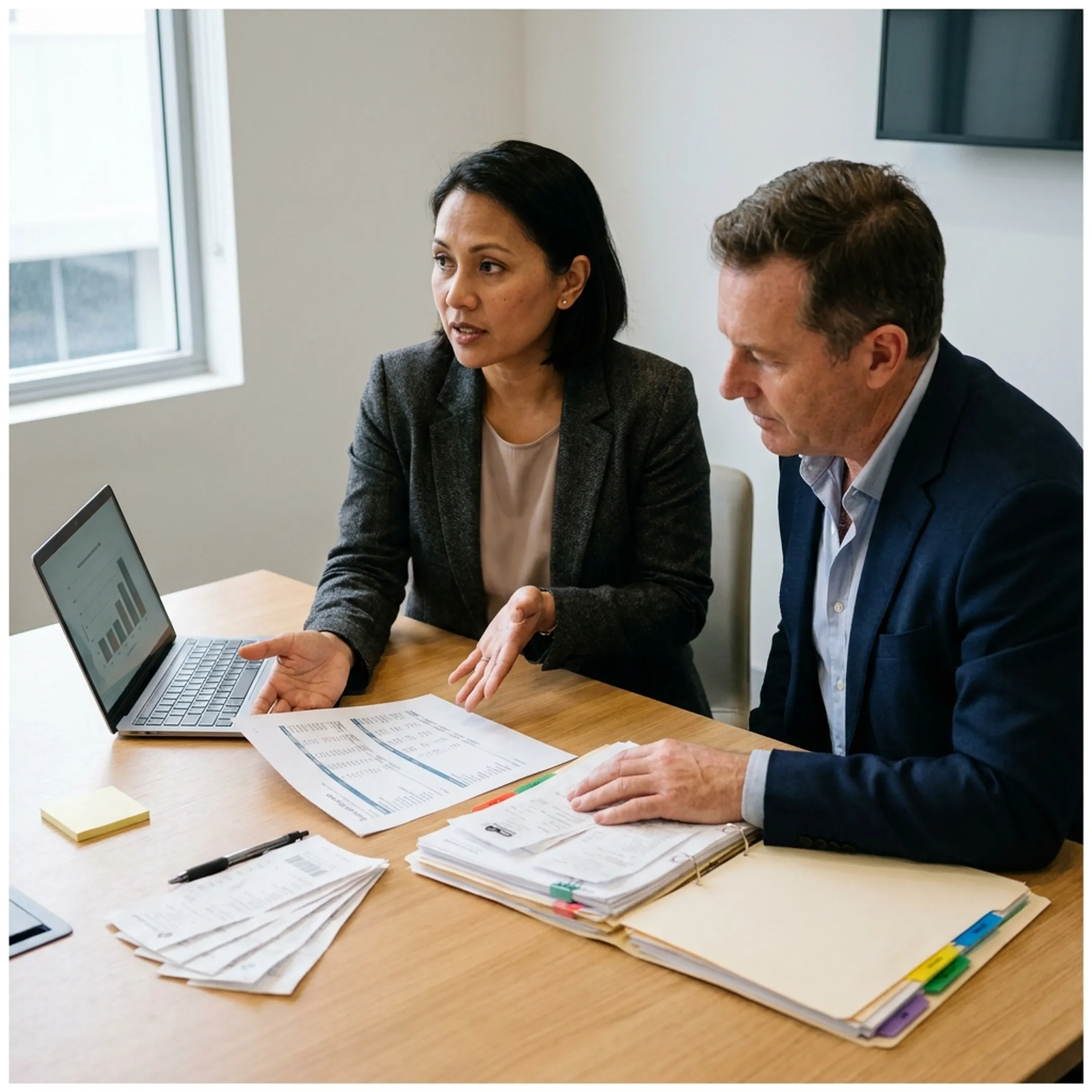Advisor explaining tax incentive analysis beside business financial reports