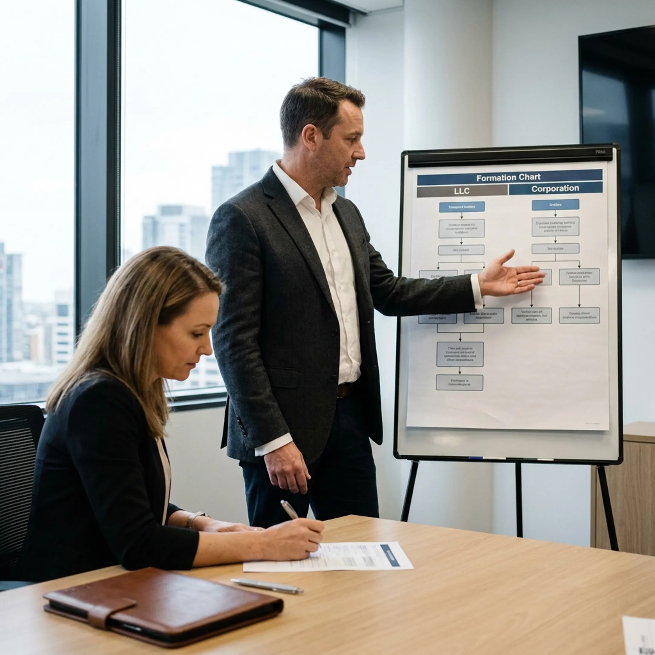 Advisor explaining LLC and corporation structure options