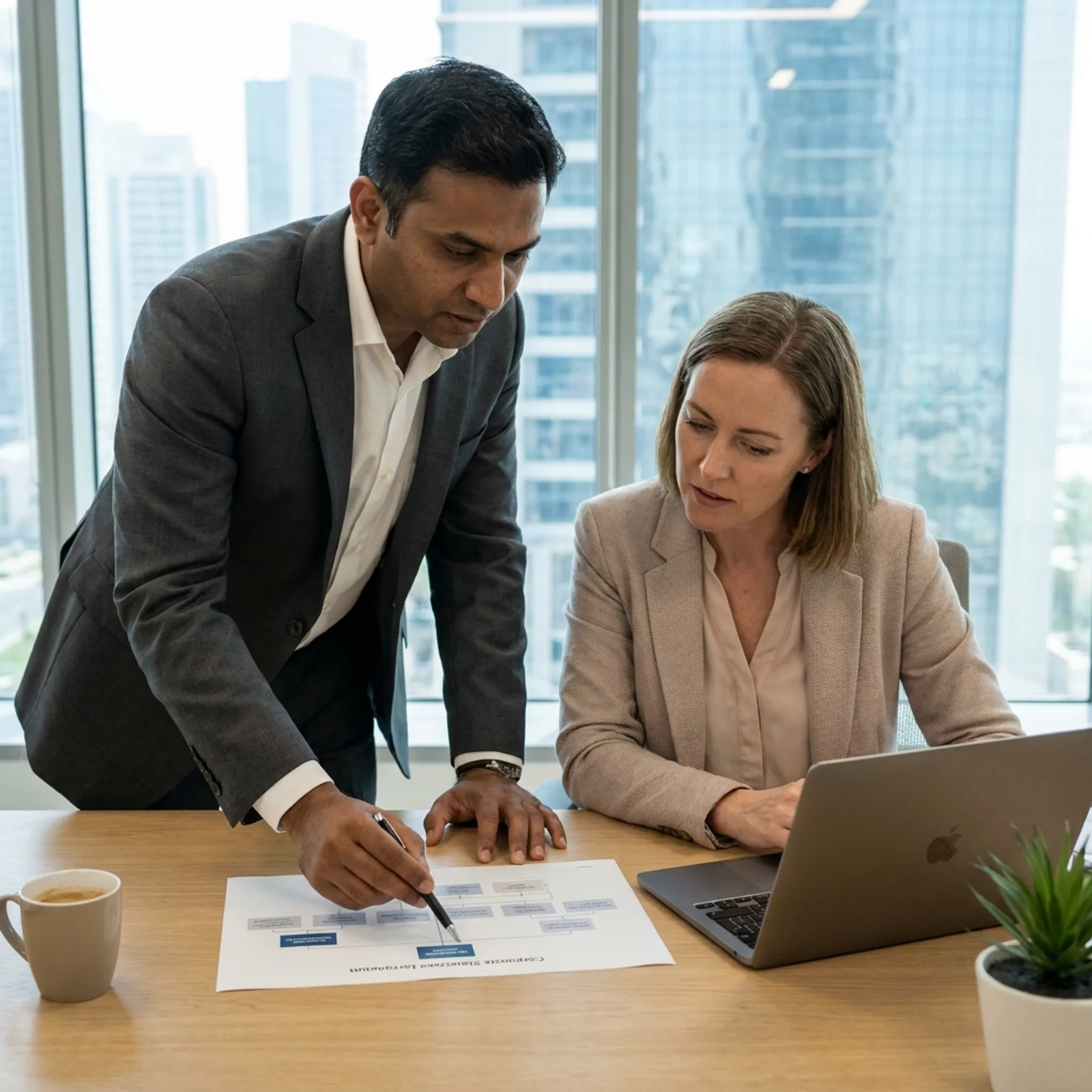 Advisor explaining UAE Free Zone company setup options to an international founder