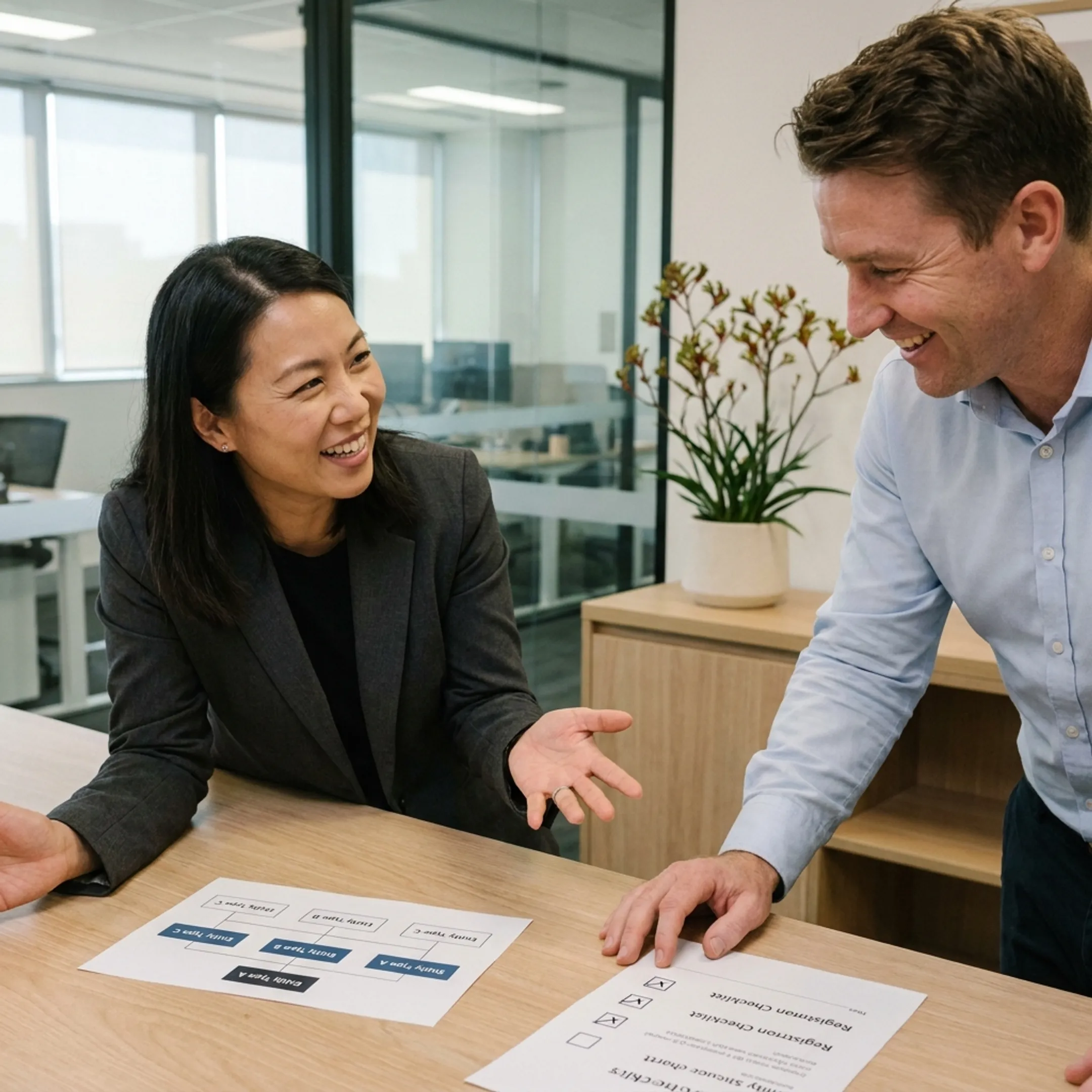 Advisor presenting a business formation plan and registration checklist to a client