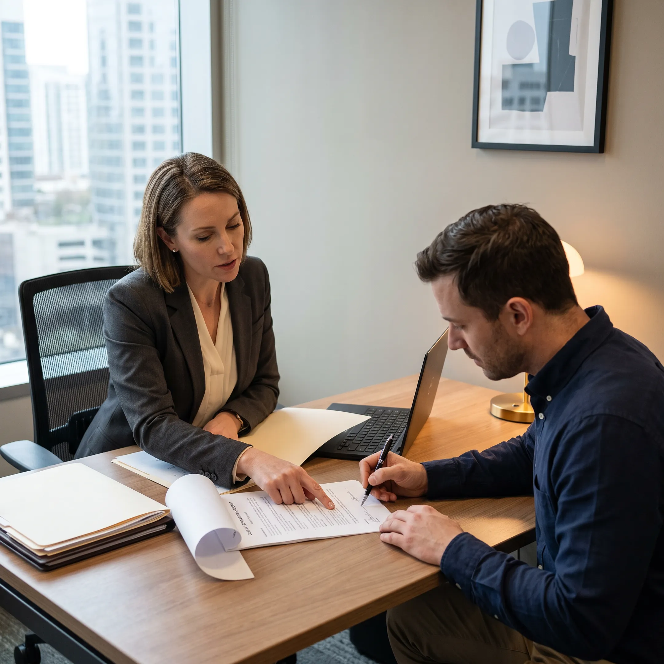 Business formation advisor discussing company registration documents with an entrepreneur in a modern office