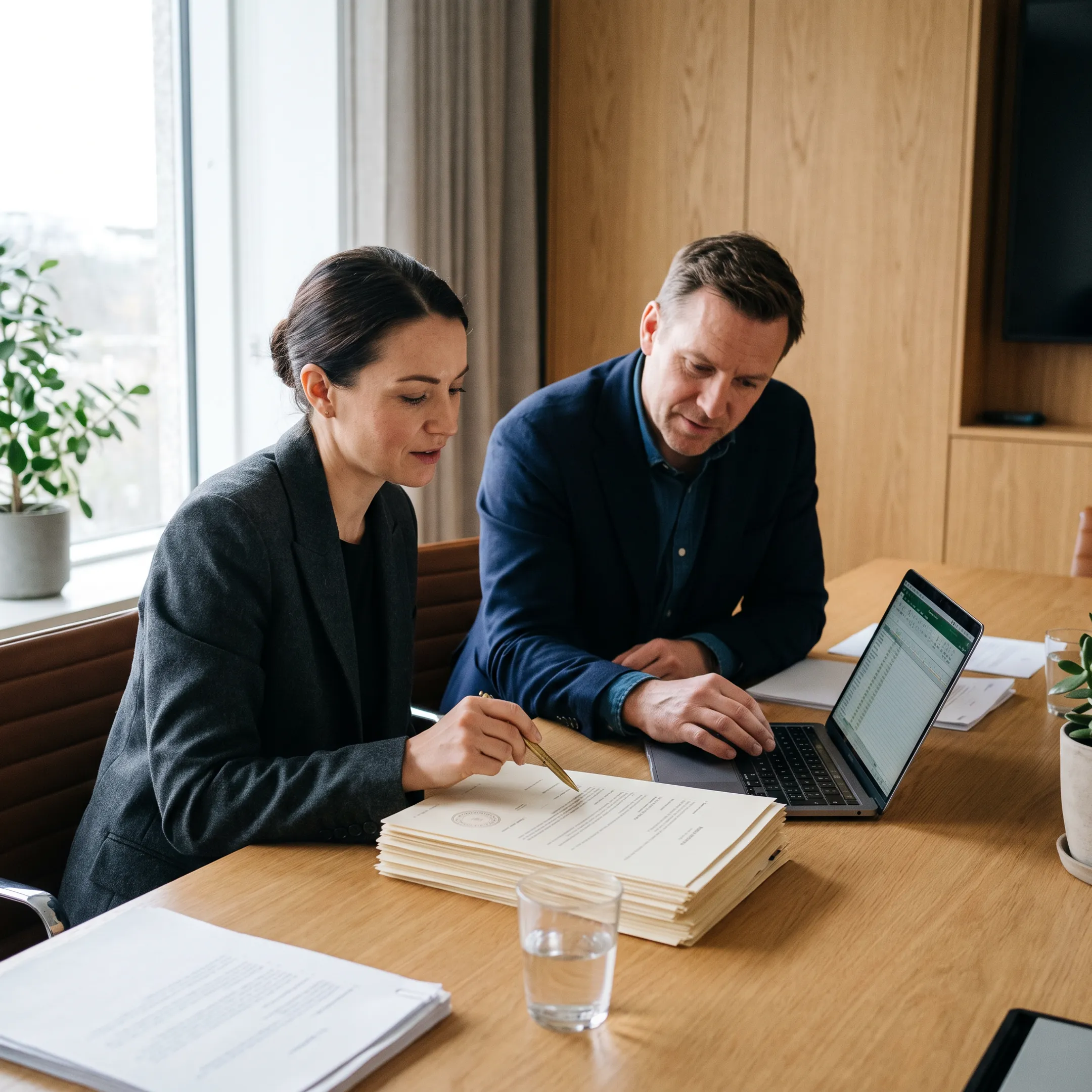 Business adviser explaining UK limited company formation documents to a client