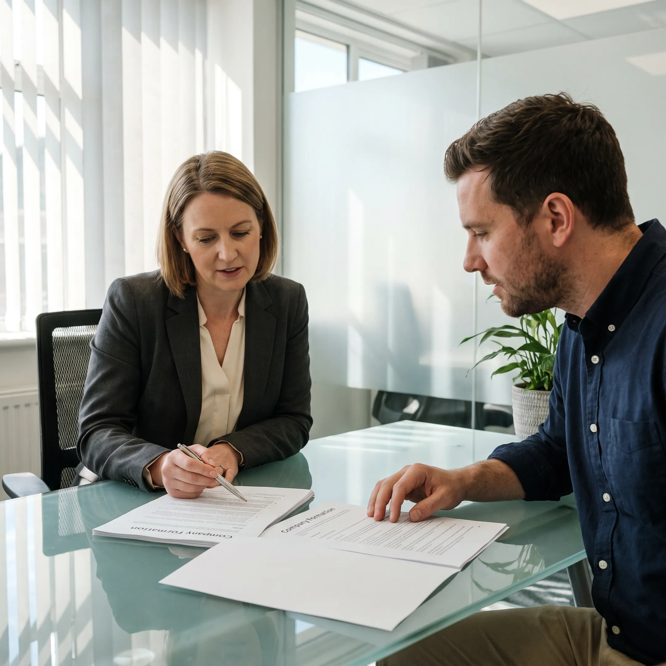 Business advisor helping entrepreneur complete new company formation documents