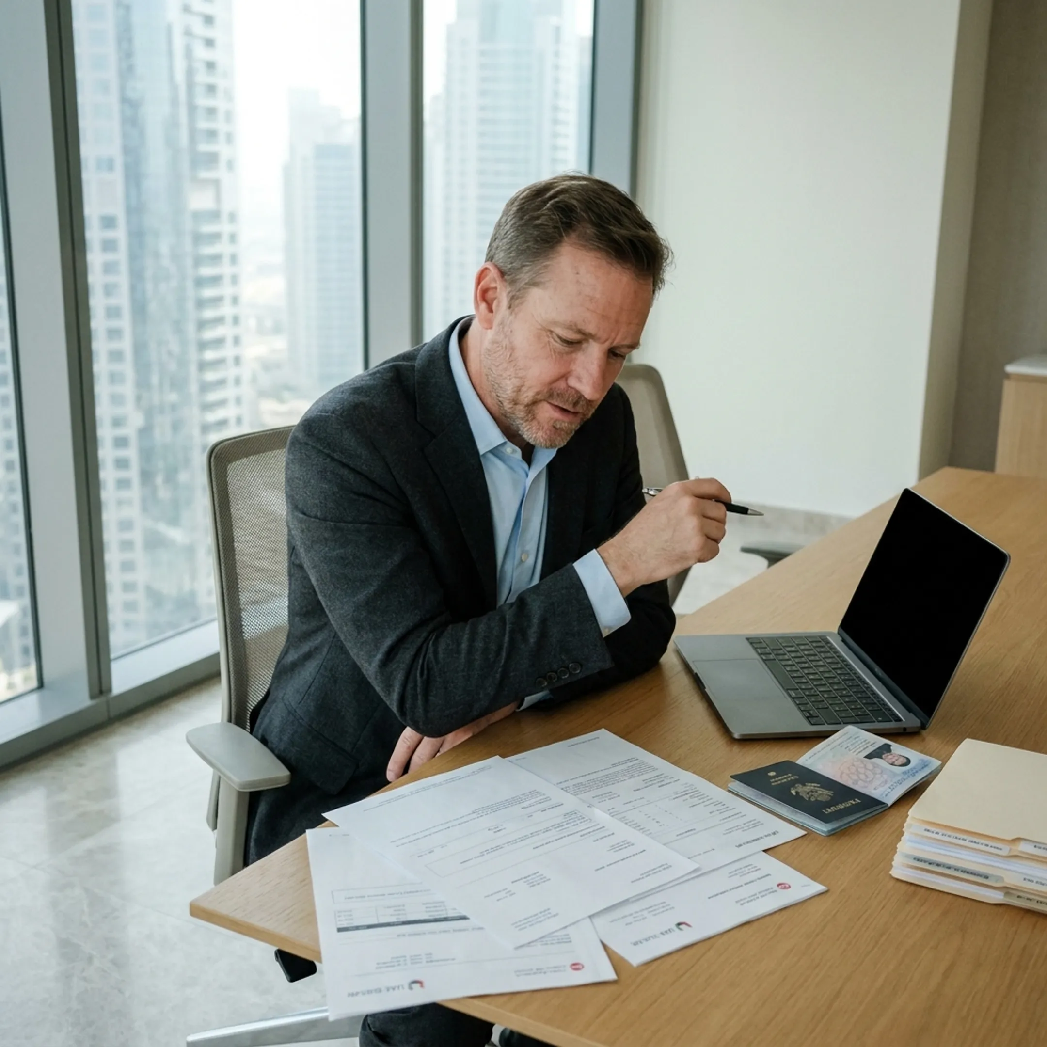Business professional reviewing Dubai banking documents with a laptop and UAE skyline visible