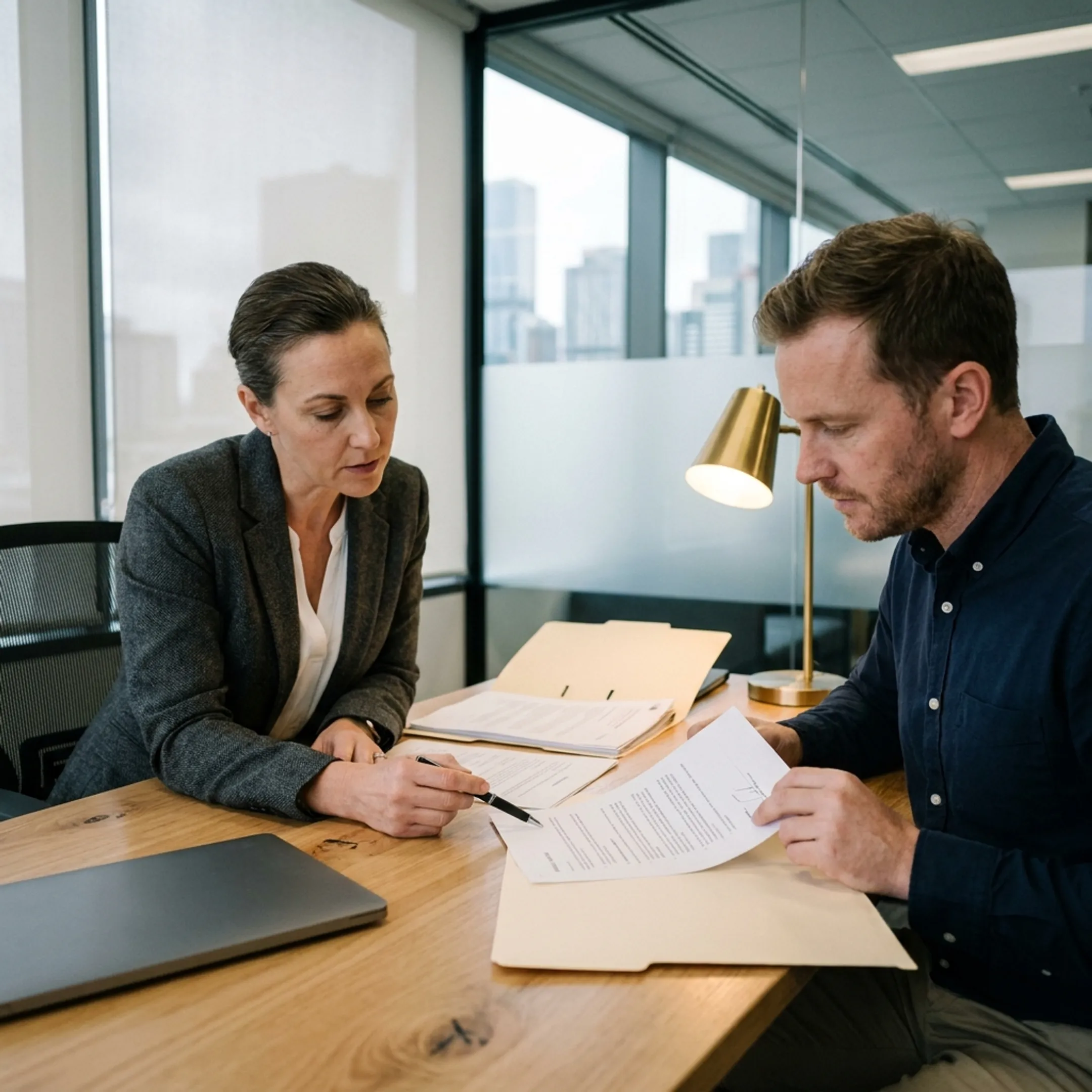 Business advisor reviewing LLC formation documents with an entrepreneur