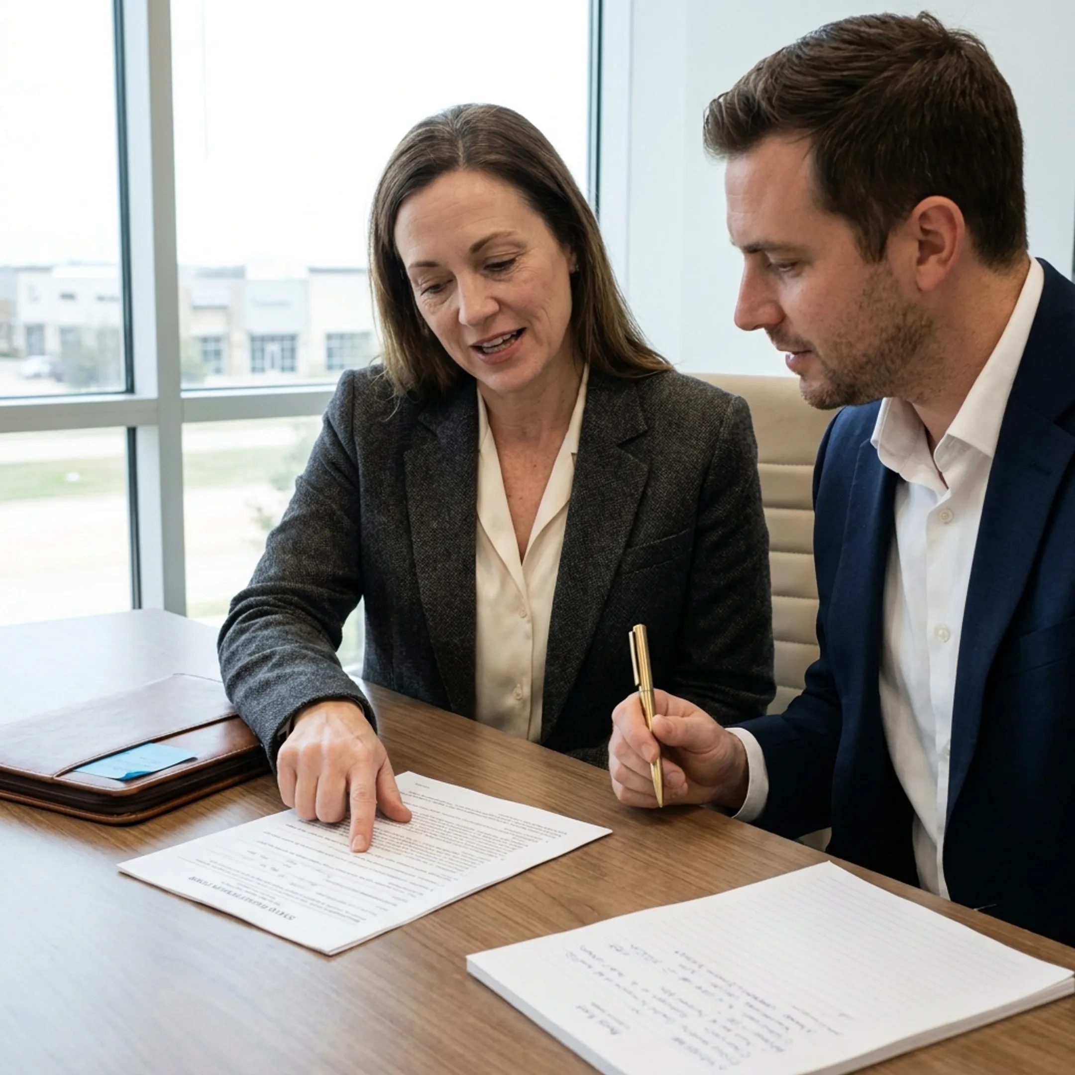 Business advisor discussing new company formation documents with an entrepreneur in a modern Texas office