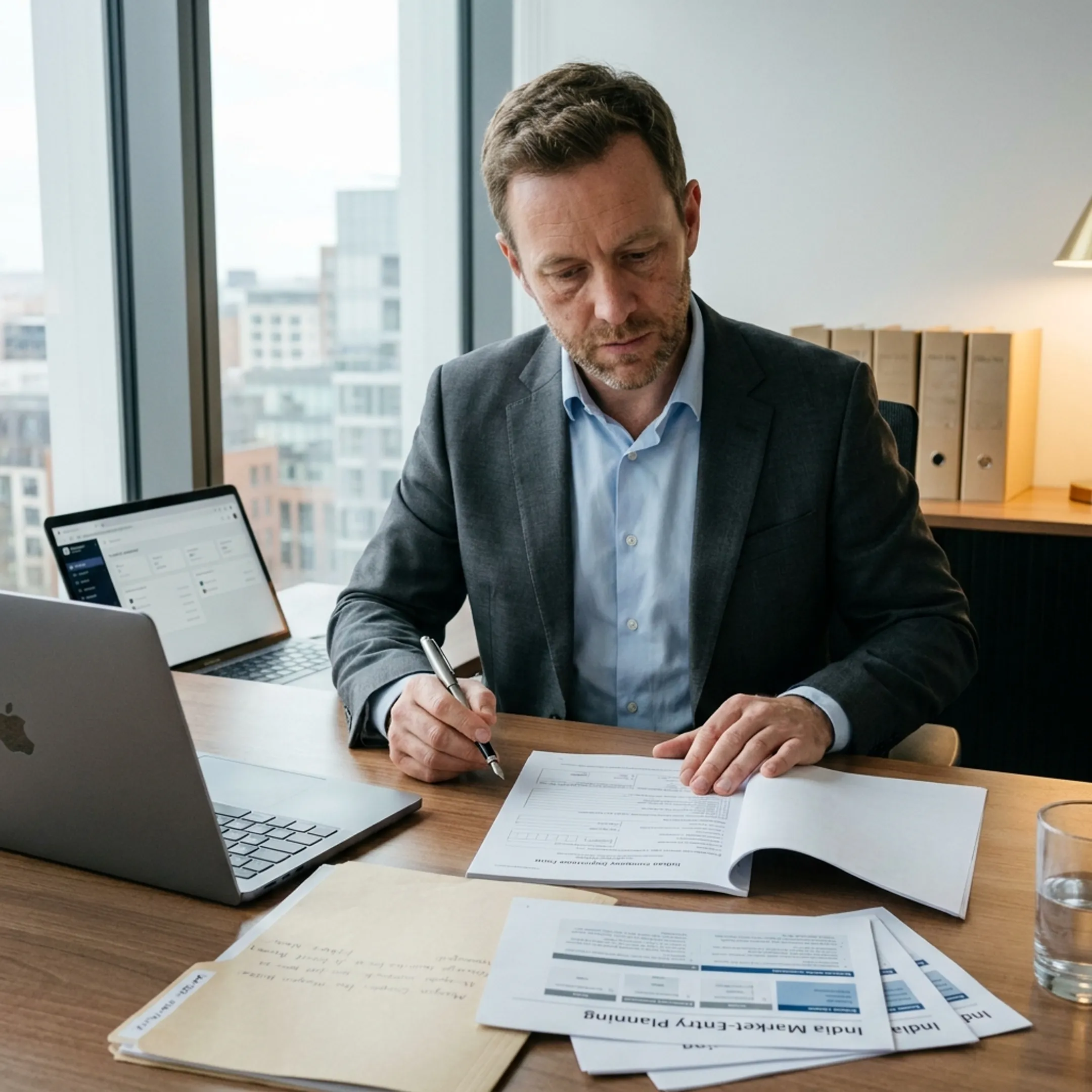 Business professional reviewing India company registration documents at a desk with laptop and virtual office imagery
