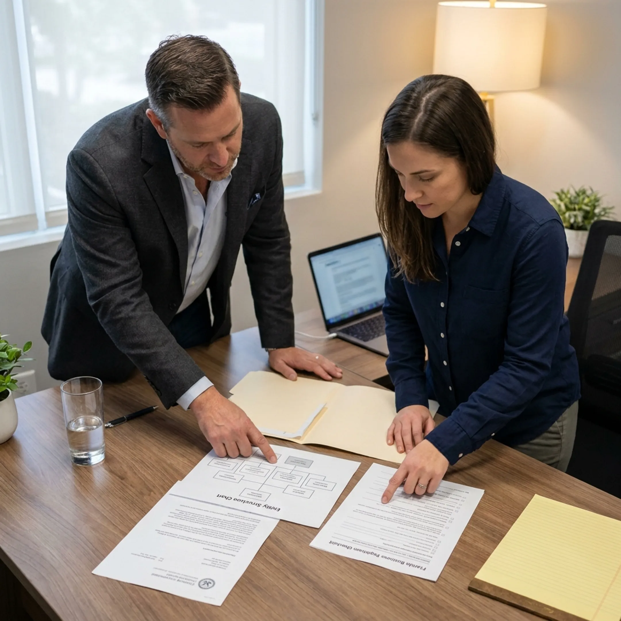 Advisor helping client organize Florida business formation paperwork