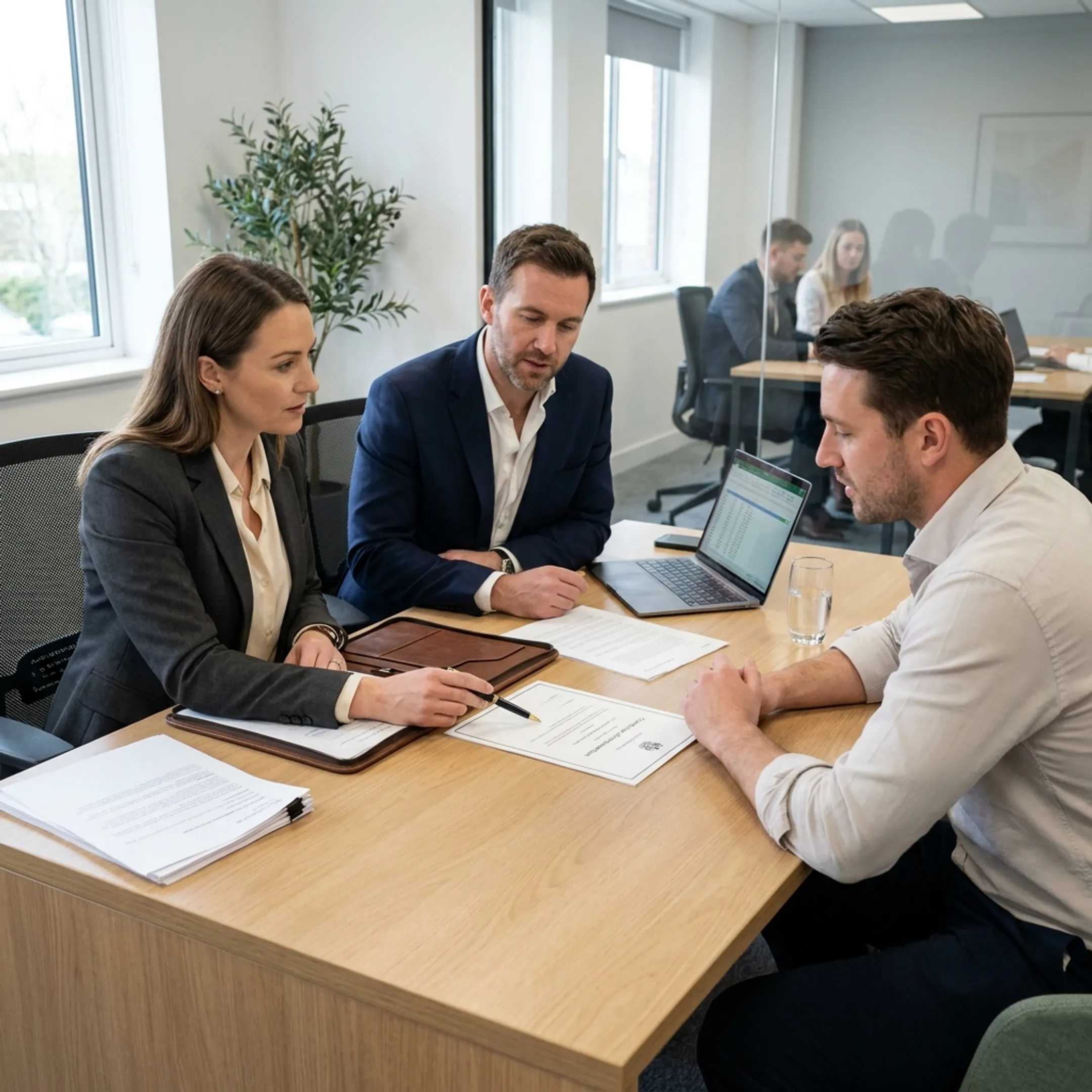 Business advisors reviewing UK company registration documents with a founder
