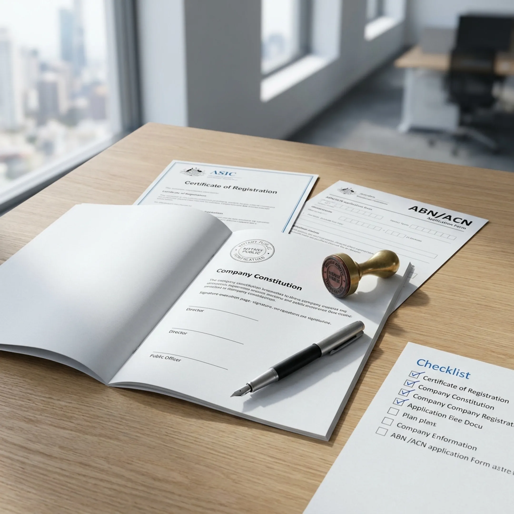 Prepared LLC documents beside a notary stamp and pen