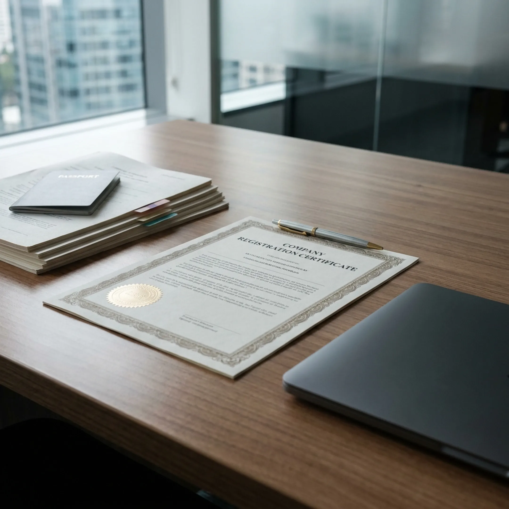 Business registration certificate beside company formation documents and a laptop