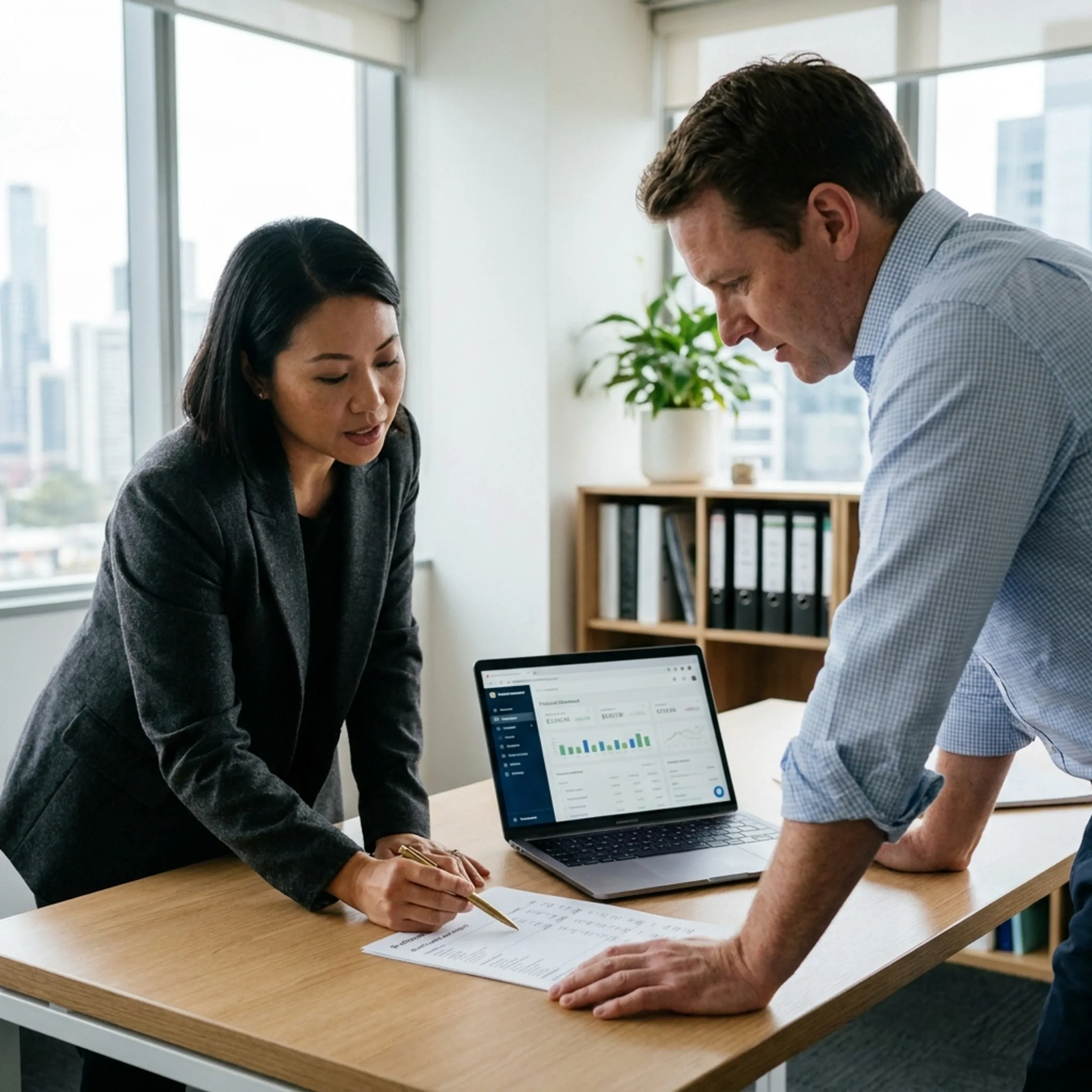 Professional reviewing QuickBooks financial records with a small business owner